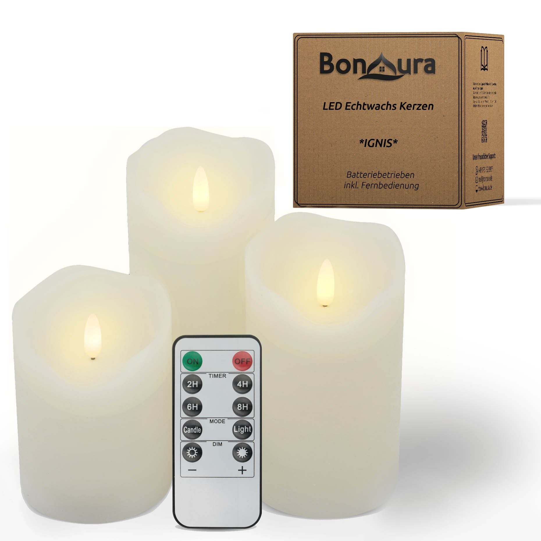 BonAura LED-Kerze mit Fernbedienung und Timer, Flammenlose Echtwachs Kerzen  mit 3D Flamme (Spar-Set, 3-tlg., Weiß), LED Stumpenkerze