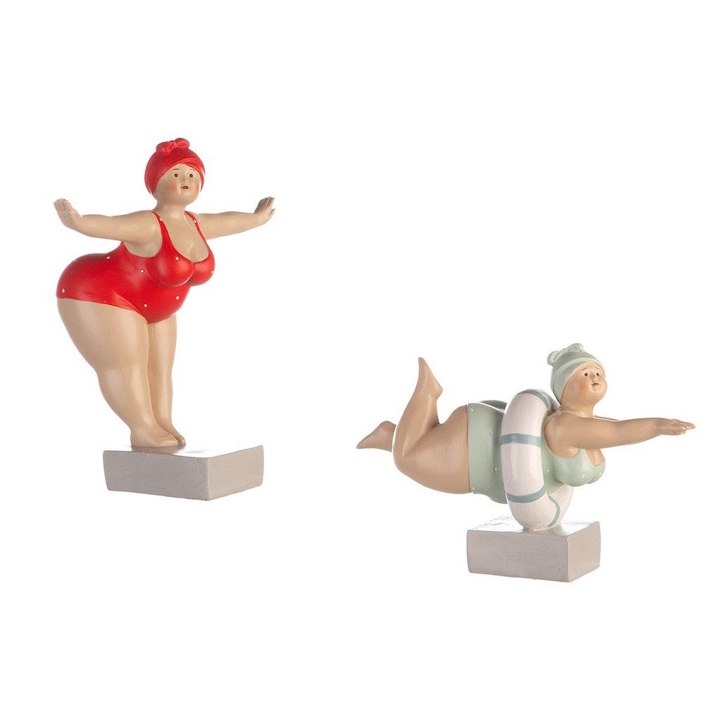 Dekofigur 2er Set Figur Tante Elli in Rot & Mint mit Rettungsring Badedamen