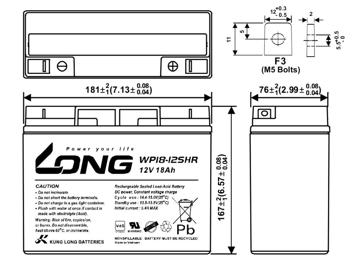 Long Kung AGM 12V wartungsfrei ersetzt Bleiakkus NP15-12 Batterie 18Ah