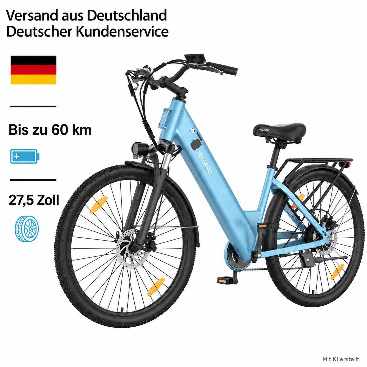 PIXAR E-Bike Cityrad Velopro C1 27,5 Zoll City Elektrofahrrad, 36 V 13 Ah Akku, 7-Gang, 7 Gang, Heckmotor, 468 Wh, Multifunktions-LCD; 250W Heckmotor; Gepäckträger