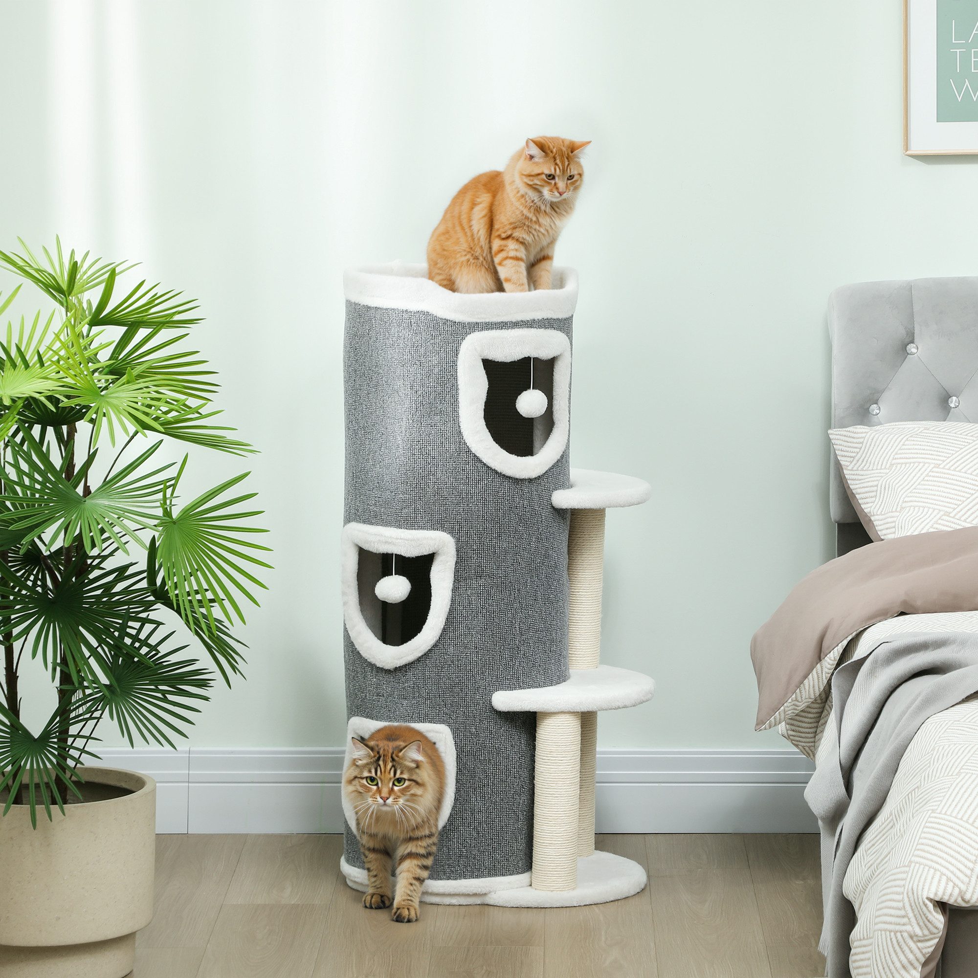 PawHut Kratztonne mit Höhle, Spielball, Plüschrand, Sisal-Kratzbäumen, oberem Bett, (mehrstöckig Kratzbaum, 1-tlg., 101 cm hoch Katzentonne), für Katze bis 6 kg, Grau