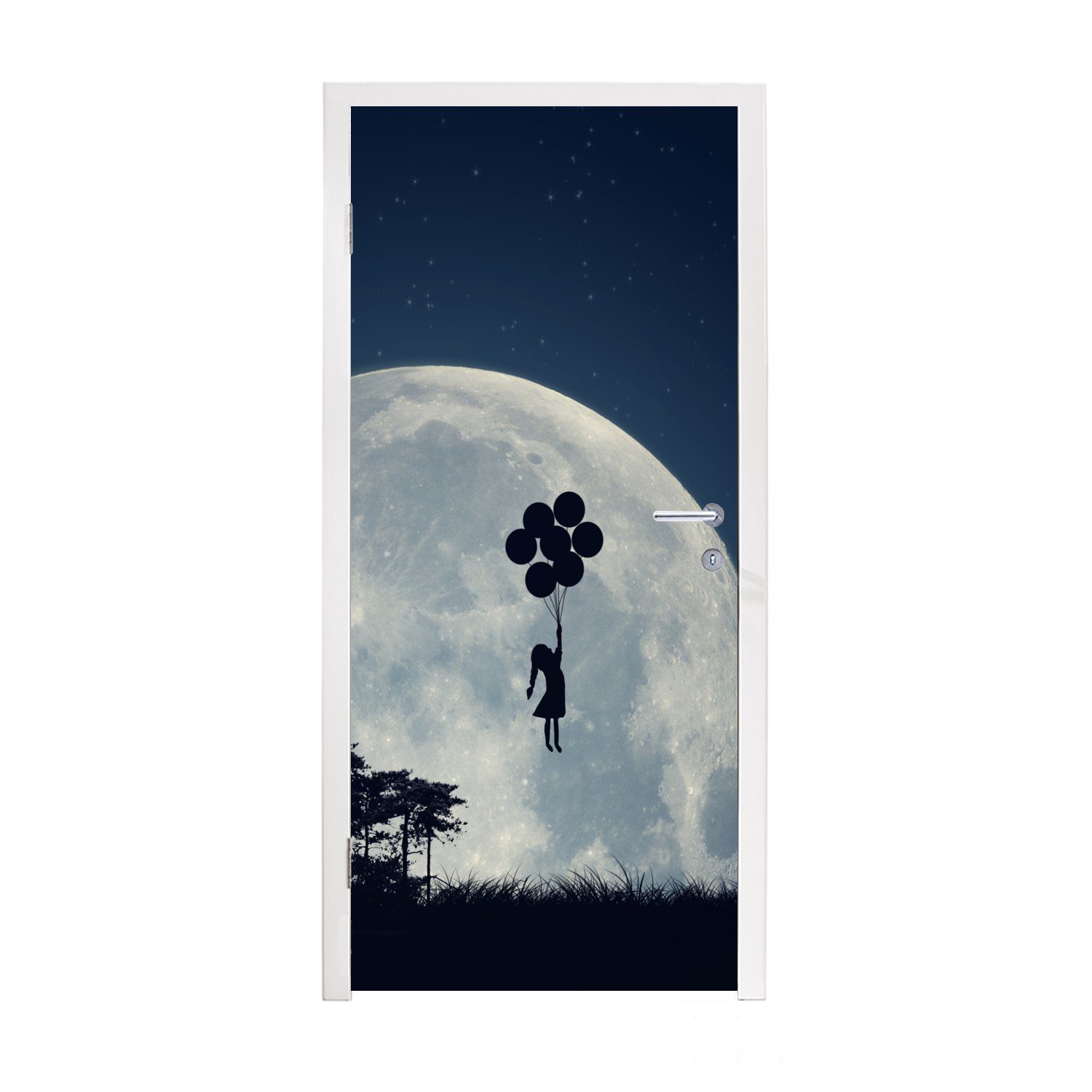 MuchoWow Türtapete Mond - Mädchen - Nacht, Matt, bedruckt, (1 St), Fototapete für Tür, Türaufkleber, 75x205 cm