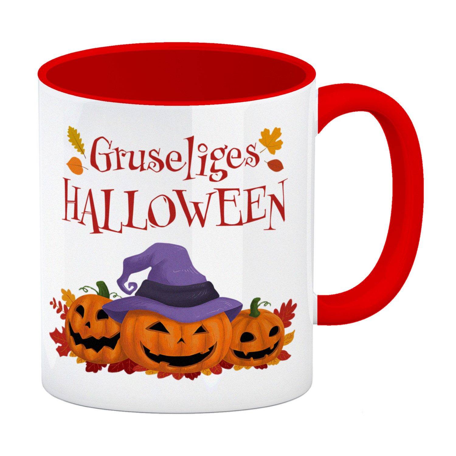 speecheese Tasse Gruseliges Halloween Kaffeebecher Rot mit grinsenden Kürbissen