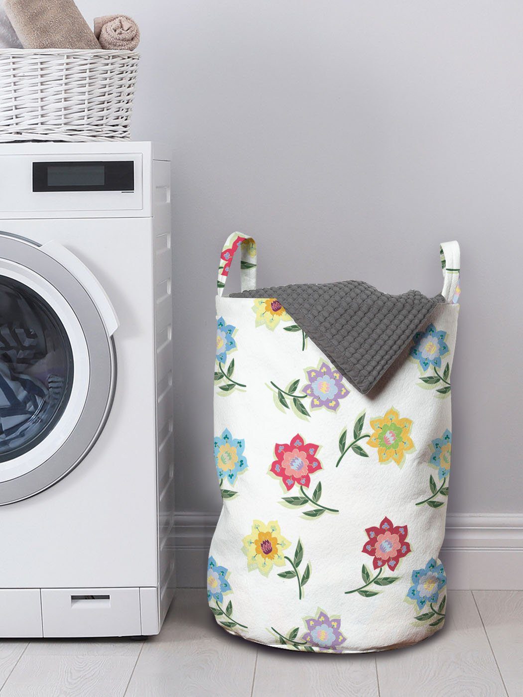 Wäschekorb für mit Abakuhaus Griffen Zipfelblumenblatt-Blatt-Kunst Blumen Wäschesäckchen Kordelzugverschluss Waschsalons,