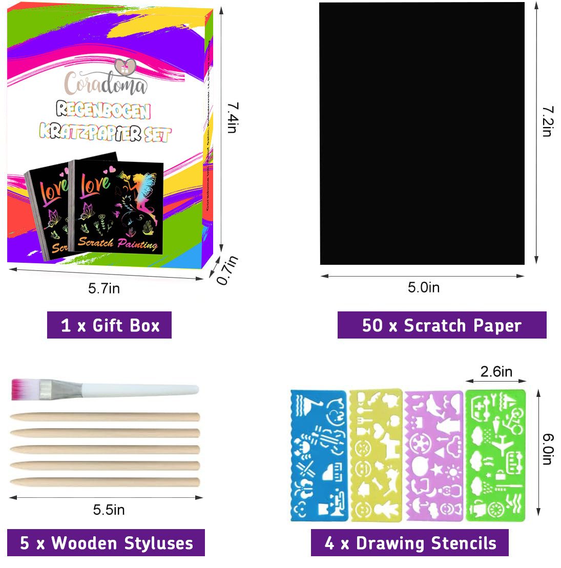 Coradoma Malvorlage Regenbogen Kratzpapier Set 50 Bögen zum Zeichnen Magic Kratzbilder, Scratch Art Book mit 5 Holzstiften & 4 Schablonen