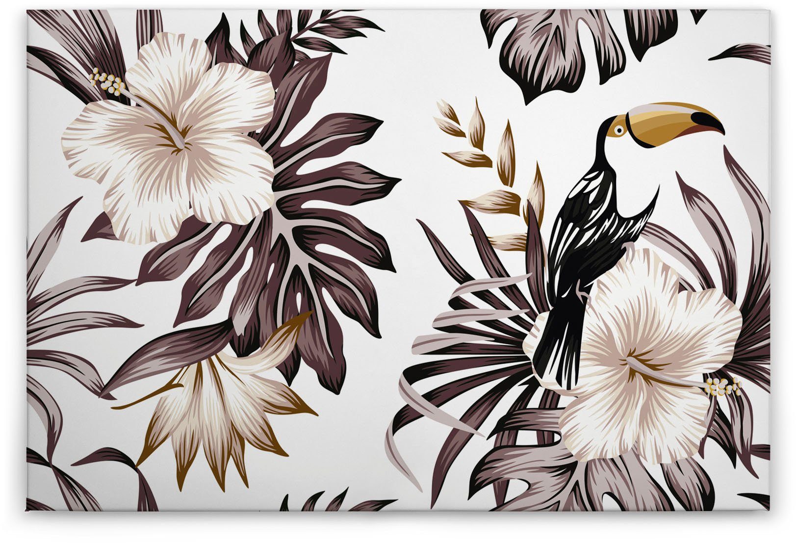A.S. Création Leinwandbild Toucan, Blumen, Kinder, Kunst (1 St), Palmenblätter Hibiskus Dschungel Keilrahmen Leinwand-Bild Wohnzimmer