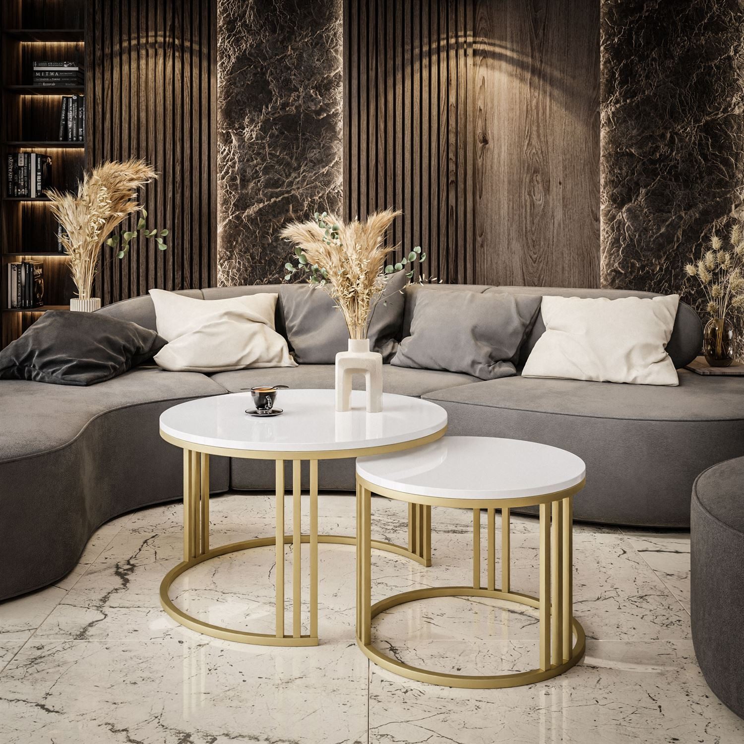 Lookway Couchtisch LORI 2in1 GOLD Runder Couchtisch mit Hochglanz Platte (2 günstig online kaufen