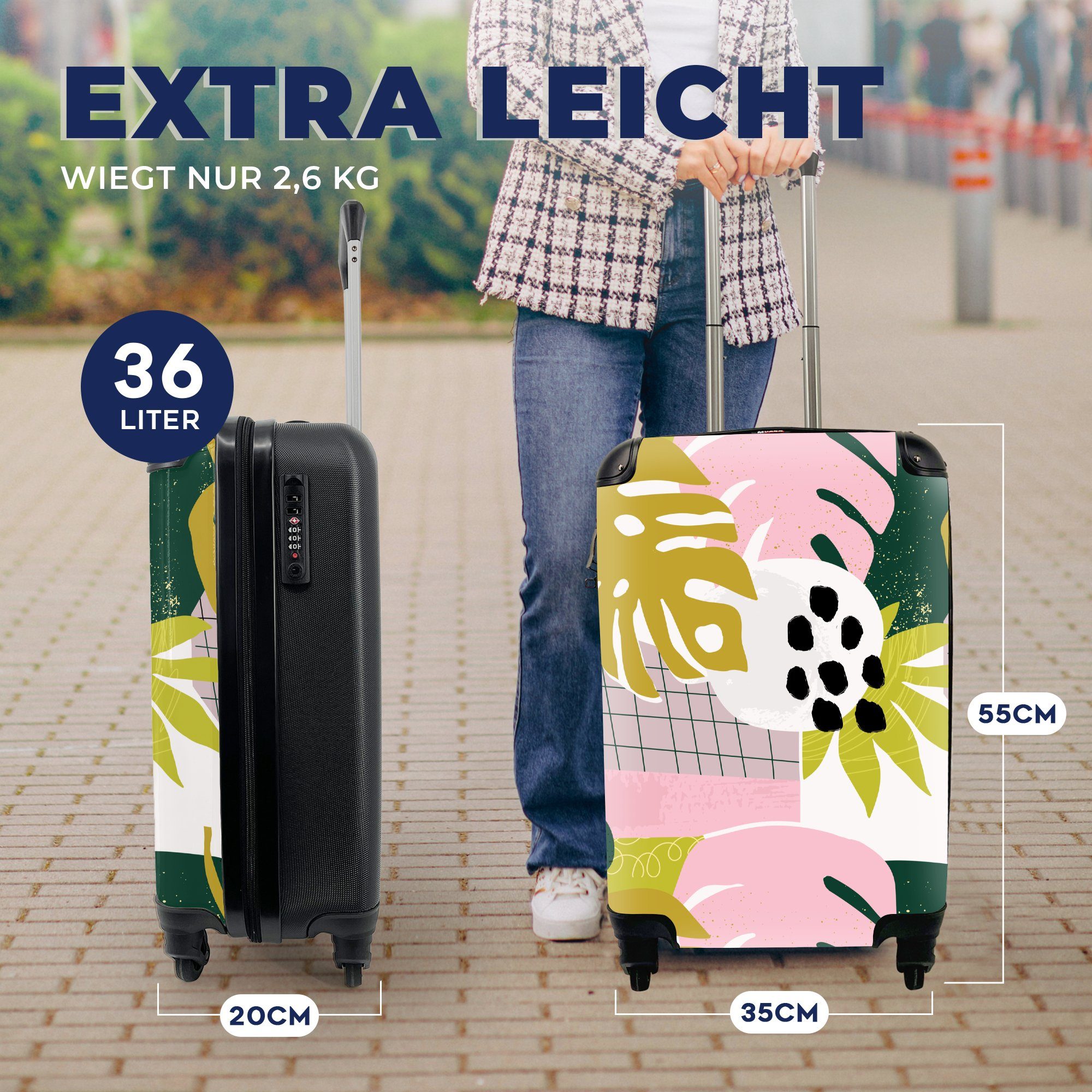 rollen, - - Rollen, Muster, MuchoWow Trolley, für Handgepäckkoffer Handgepäck Reisetasche Tropische 4 mit Ferien, Reisekoffer Rosa Pflanzen