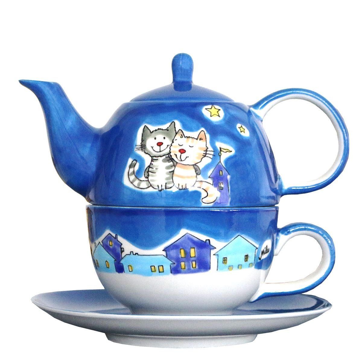 Mila Teekanne Mila Keramik Tee-Set- Tea for One NachtKatzen, 0,4 l, (Set, Tee-Set)