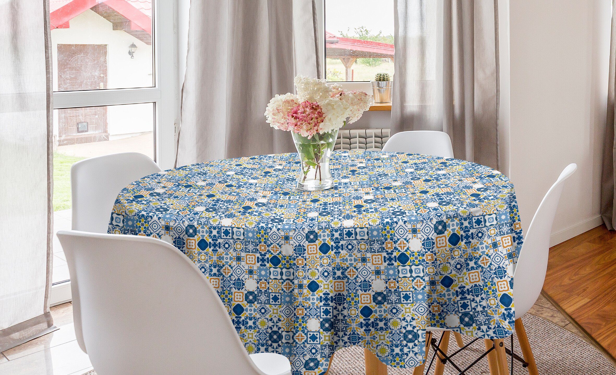 Abakuhaus Tischdecke Kreis Tischdecke Abdeckung für Esszimmer Küche Dekoration, Gelb und Blau Mosaik Azulejo