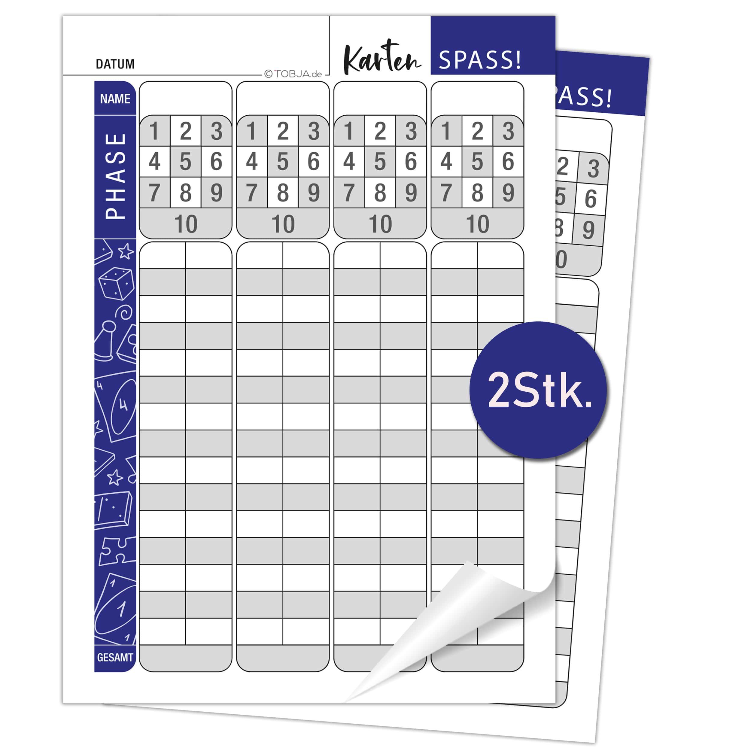 TOBJA Spiel 2x Ersatzblock extra Große Schrift Phase X DIN A6, Kartenspiel, Wertungsblock, kompatibel mit Phase 10 in A6