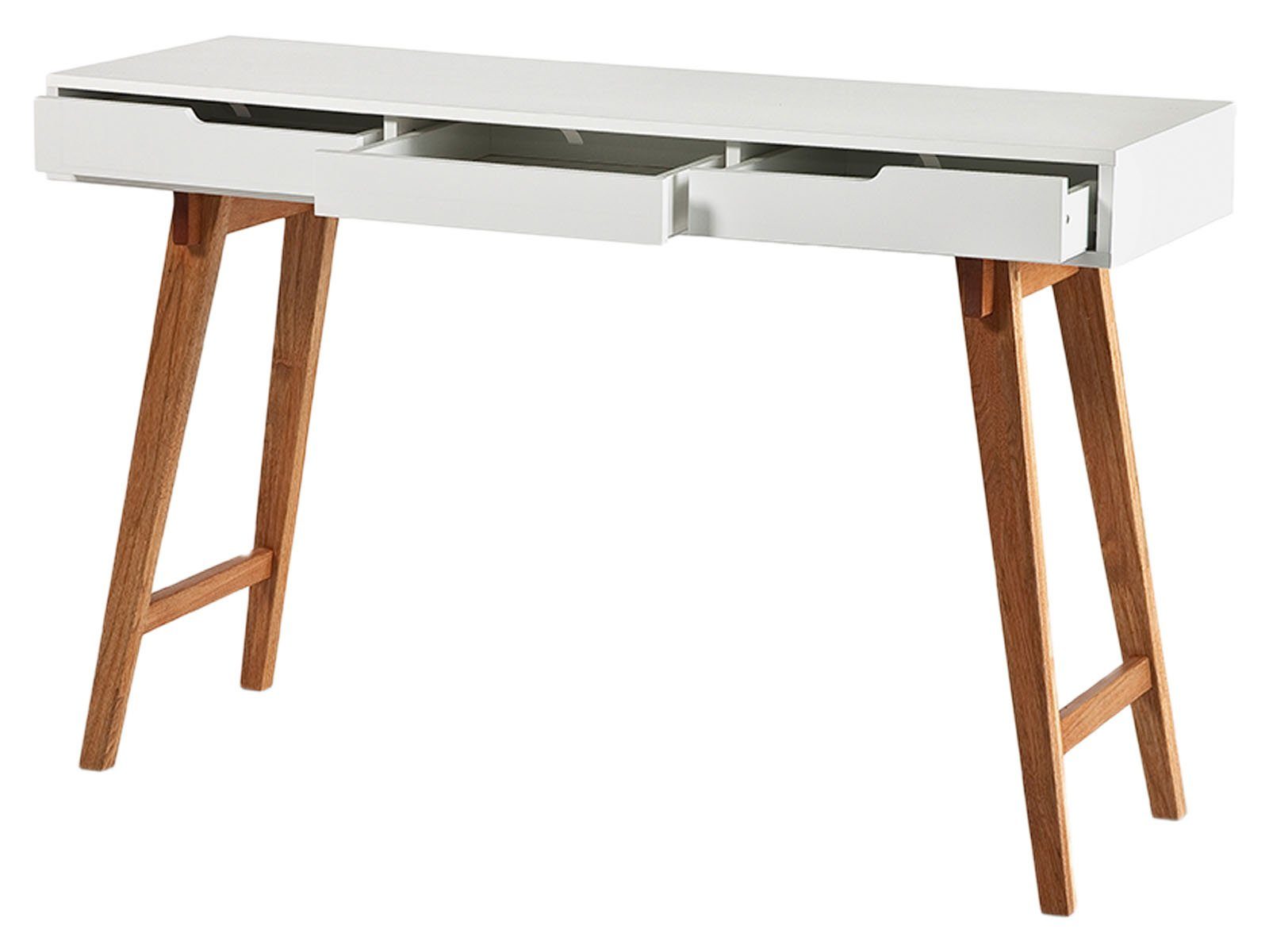 möbelando Schreibtisch Anneke S, Moderner Schreibtisch aus MDF-Platte in  matt weiß lackiert, Beine aus Massivholz in buchefarben mit 3 Schubfächern.  Breite 120 cm, Höhe 78 cm, Tiefe 40 cm.