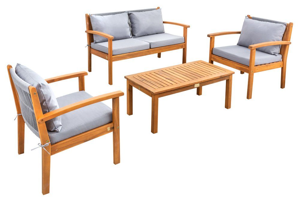 riess-ambiente Sitzgruppe Tisch Bank LOUNGE natur · (Set, 4-tlg), Garten Balkon BALI grau, · · · Stühle 