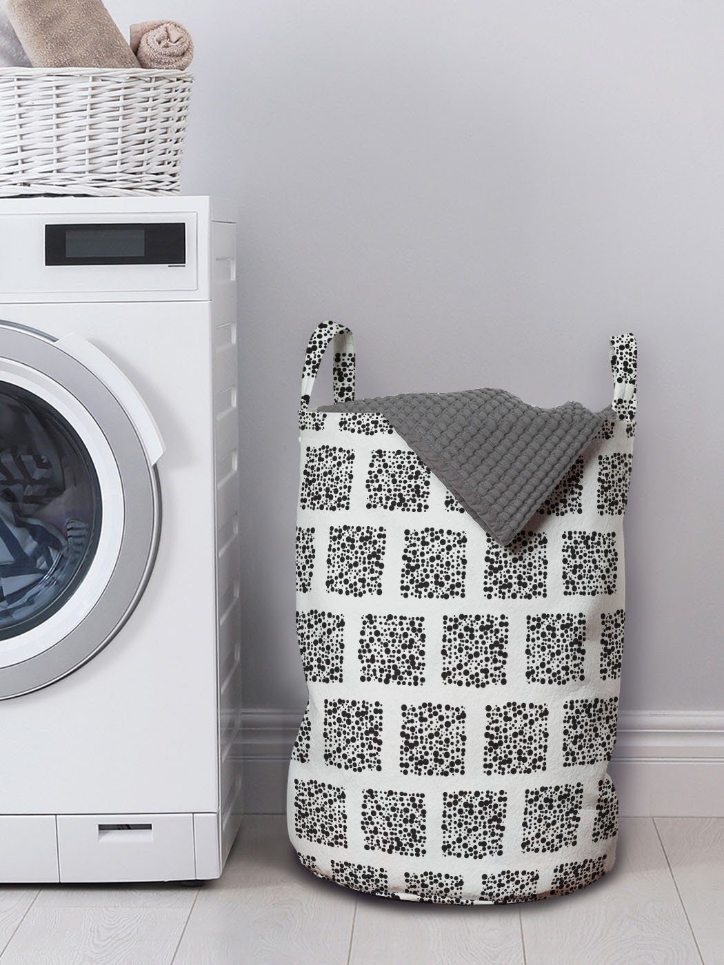 Abakuhaus Wäschesäckchen Wäschekorb mit Griffen Quadrate Retro Abstrakt punktierte Kordelzugverschluss für Waschsalons