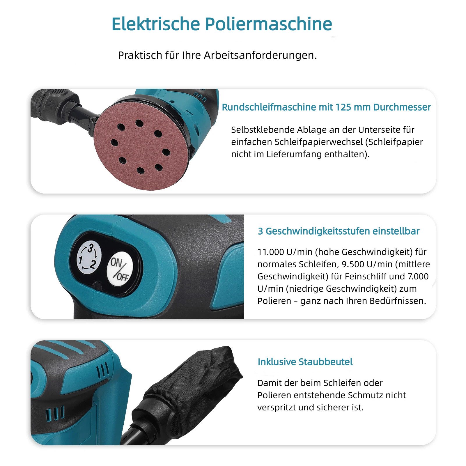 GARRYFIZH Multischleifer Akku-Exzenterschleifer 125mm, 18V kompatibel, 3-Gang, für Makita Akku, max. 11000 U/min, (Set), Geräuscharm, gute Haltbarkeit und lange Lebensdauer