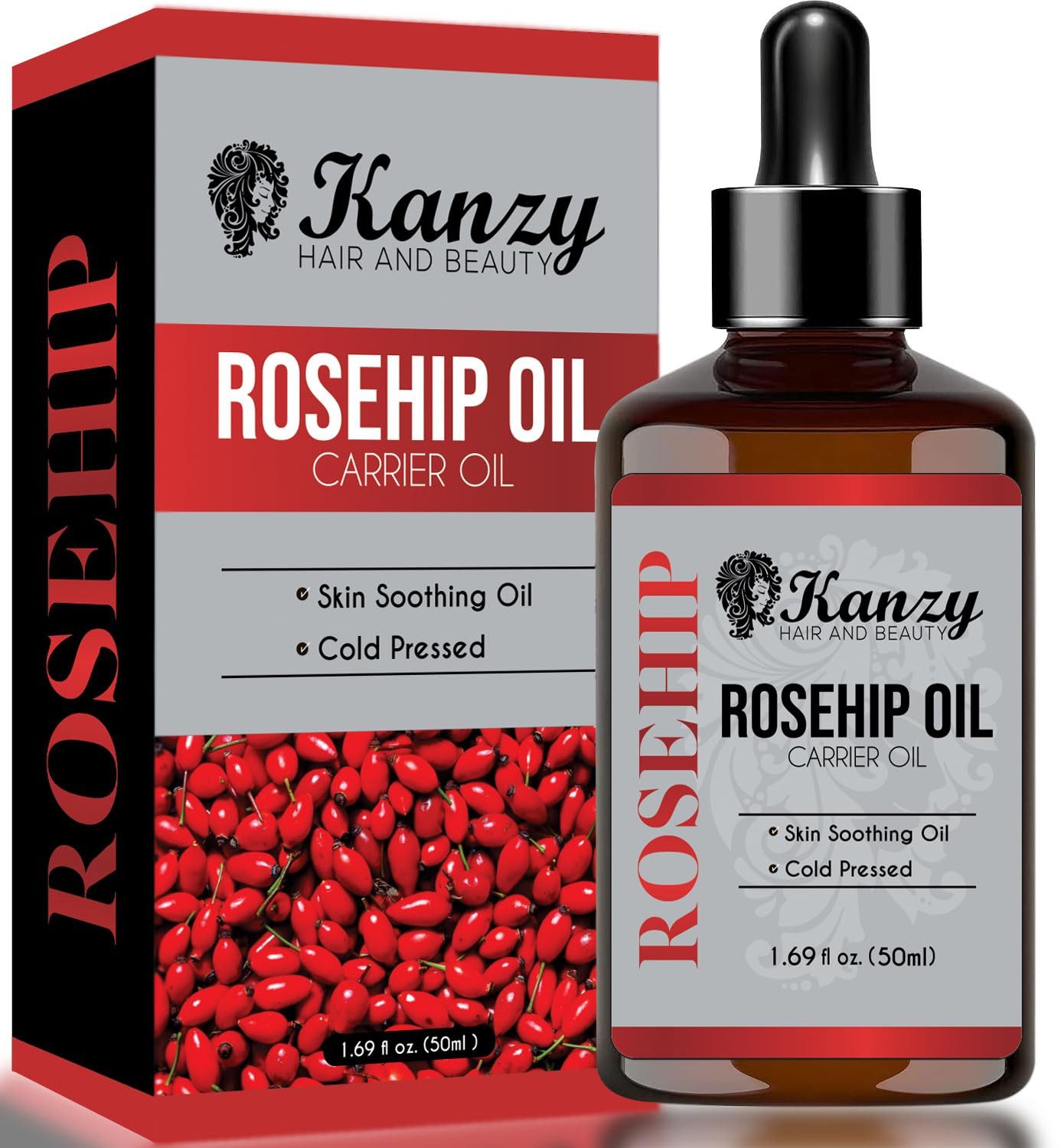 KANZY Körperöl Hagebuttenöl Kaltgepresst 100% Rein Vielseitig einsetzbar für Gesicht, Körper, Haare und Nägel, ohne Zusatzstoffe. Vegan und nicht raffiniert.