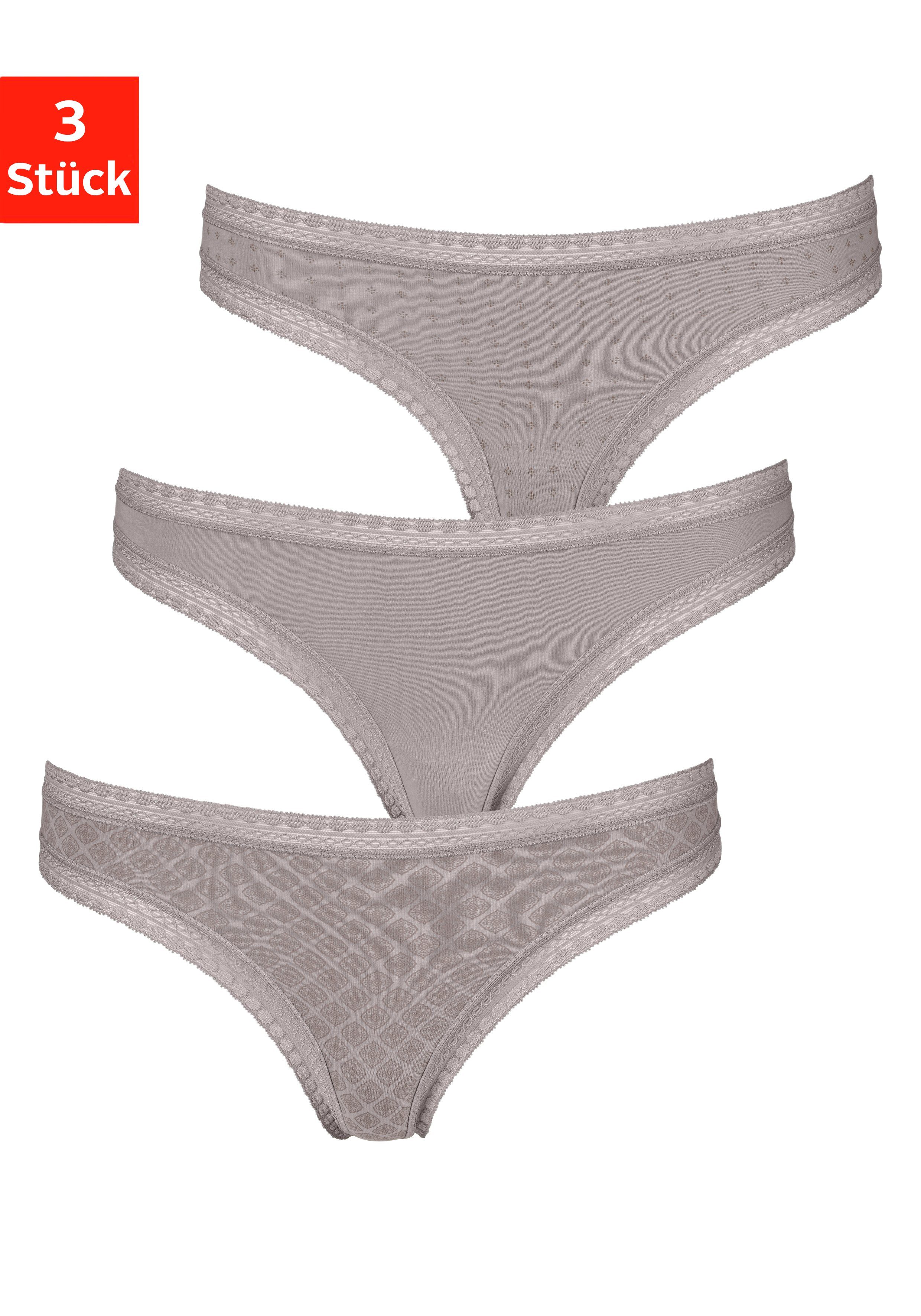 LASCANA String (3er-Pack) aus elastischer Baumwolle mit weicher Spitze