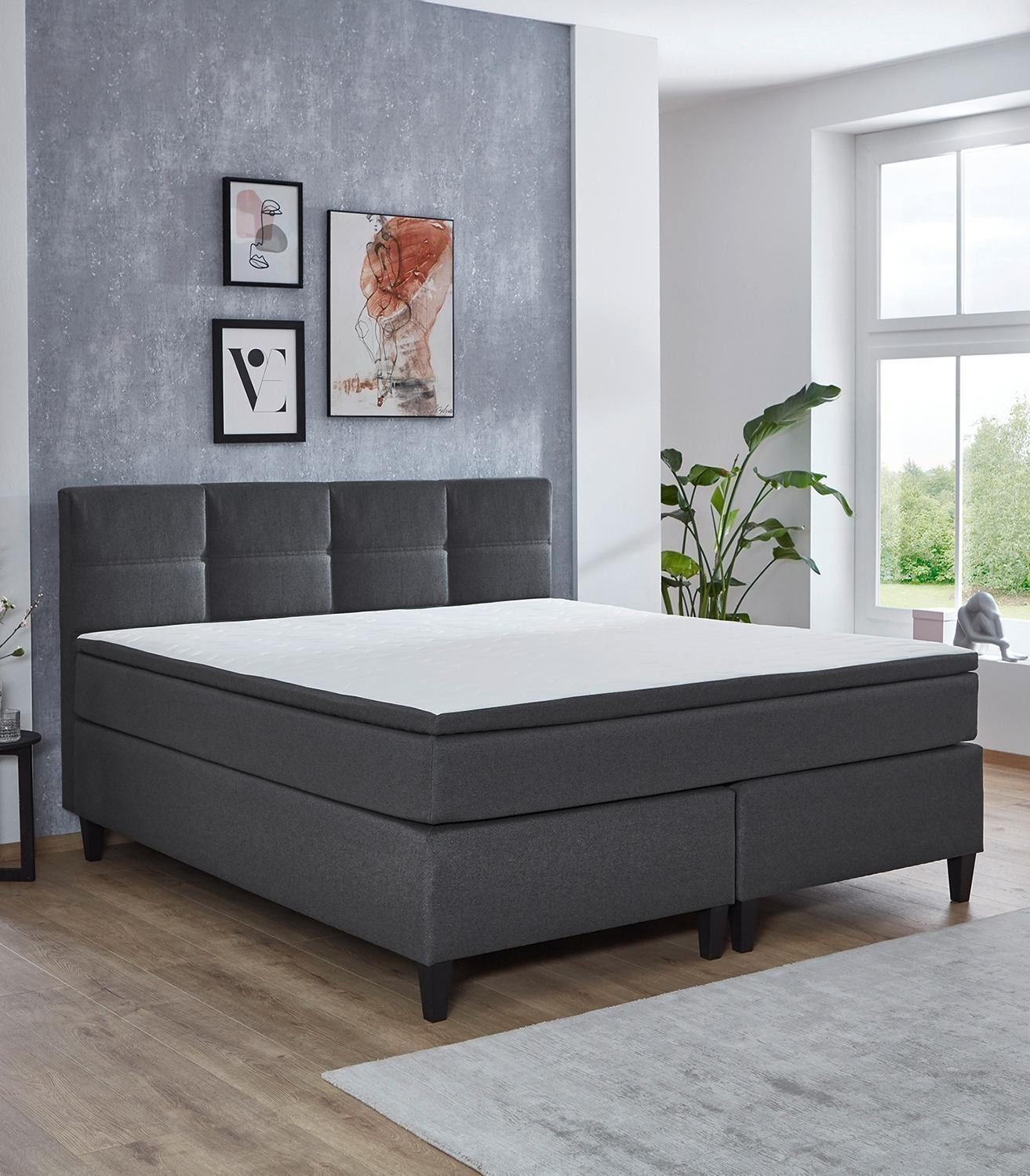 Sun Garden Boxspringbett MONTREAL, Anthrazit, Webstoff (1-St), mit Topper, Bonellfederkern, Taschenfederkernmatratze, 200 x 200 cm