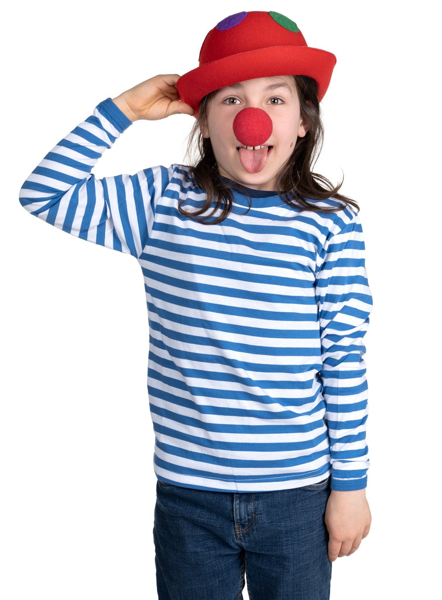 Metamorph Kostüm Clownskostüm für Kinder mit blauem Ringelshirt, Cl, Lustiges, unkompliziertes Clownskostüm für Mädchen und Jungen!