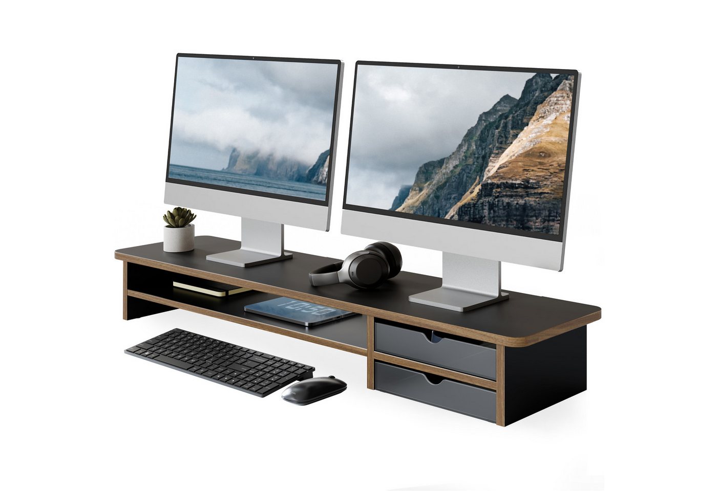 Fenge Monitorständer 108 cm breit, mit 2 Schubladen, (Schubladen flexibel positionierbar, wasserabweisend, kratzfest, fingerabdruckresistent)
