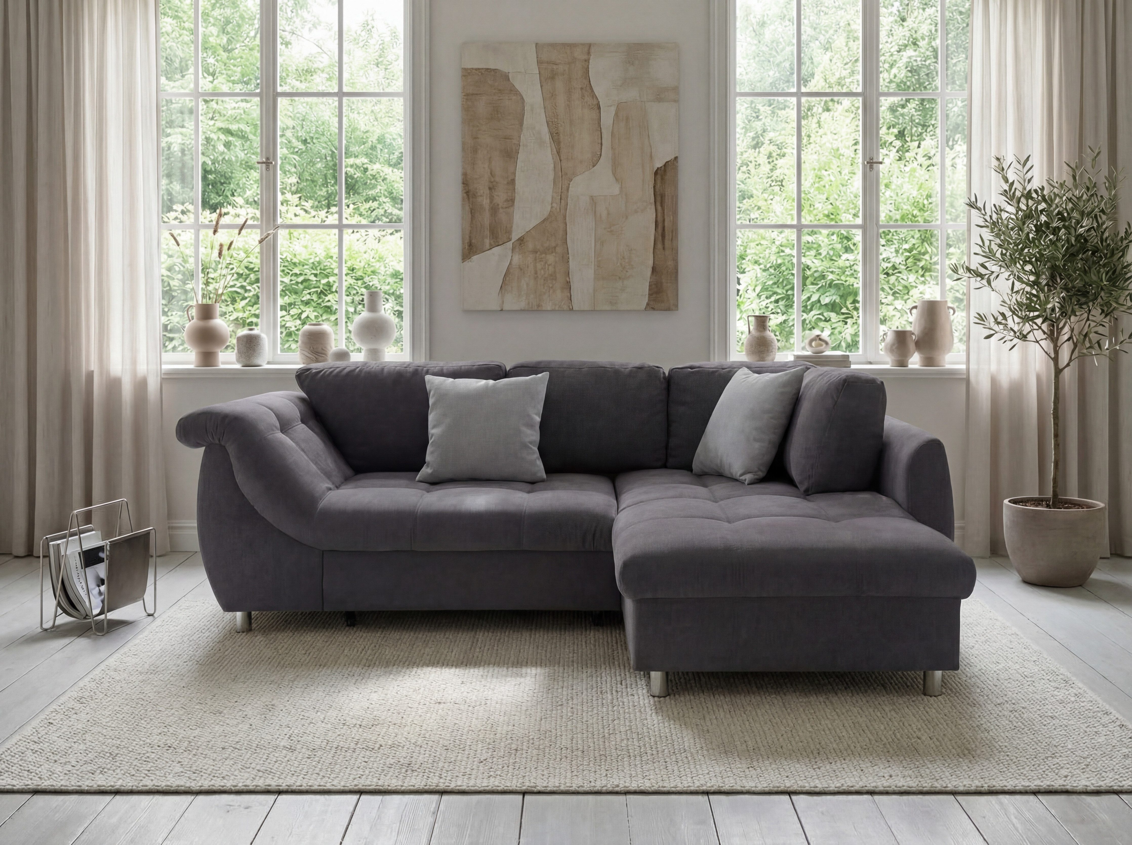 luma-home Ecksofa 17005, mit Bettfunktion B250/T190/H84 cm, Liegefläche 179x190 cm, Bettkasten, Ottomane rechts, Wellenunterfederung, Mikrofaser Anthrazit