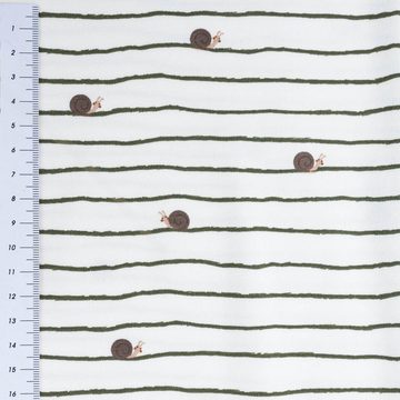 SCHÖNER LEBEN. Stoff Jersey Baumwolljersey Streifen Schnecken wollweiß grün 1,5m Breite, allergikergeeignet