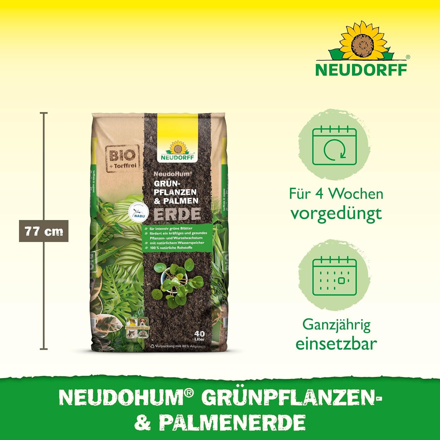 Neudorff Blumenerde Neudorff NeudoHum Grünpflanzen- & PalmenErde 40 L, (Einzelartikel), Torffreie Spezialerde für Grünpflanzen und Palmen.