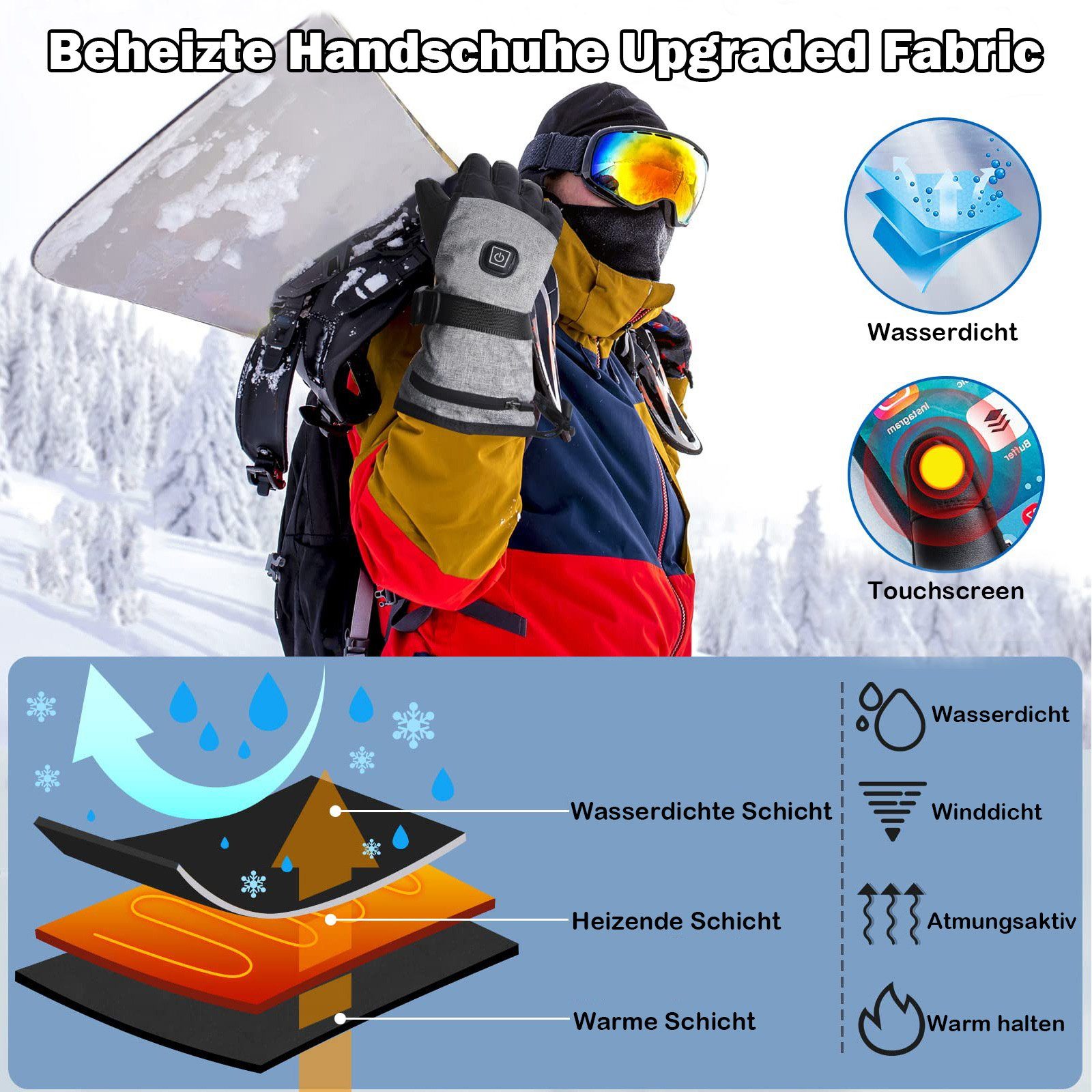 Rosnek Elektriker-Handschuhe Beheizt, Frauen (1 Heizstufen, für Klettern Männer Paar) Batterie, wasserdicht, Skifahren Winter 3 Wandern