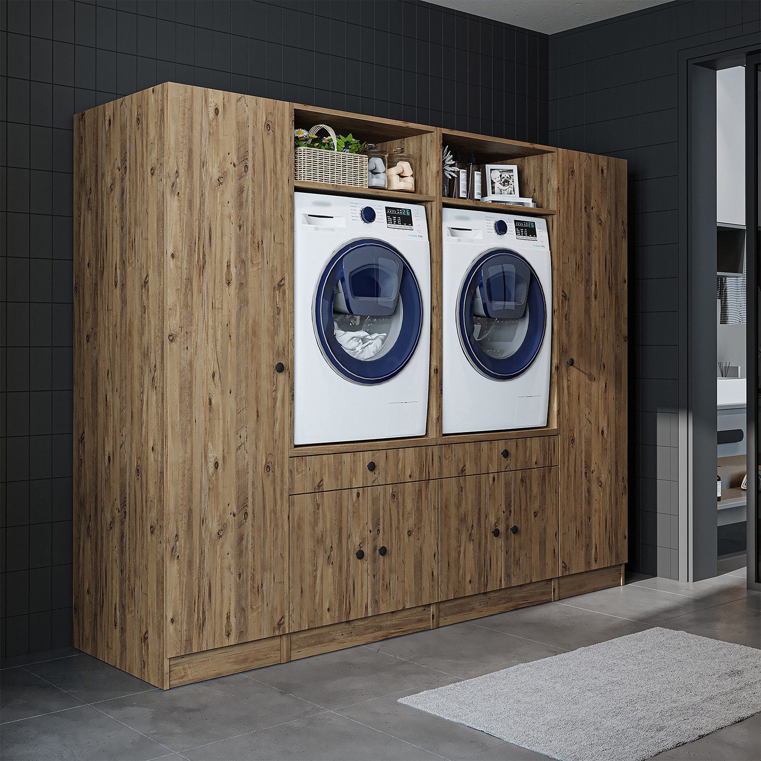 Roomart Waschmaschinenumbauschrank Schrankwand 224 cm, 2 Geräte, Ausziehbrett, Waschküche, in 3 Farben (Schrankwand für Waschküche und Hauswirtschaftsraum, mit praktischem Ausziehbrett) 2 Geräteöffnungen, Ausziehbrett, 2 Größen, 3 Farben