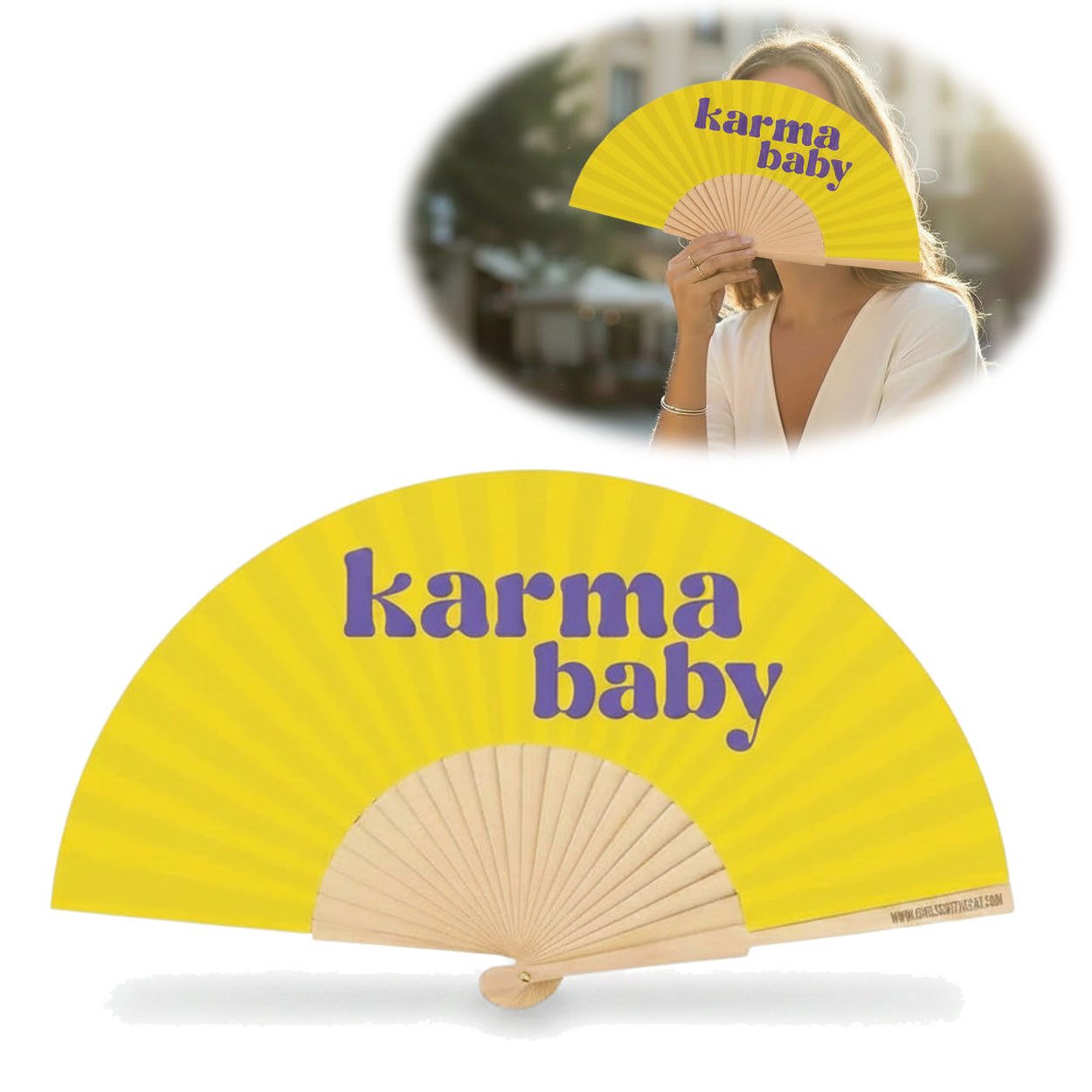 LS-LebenStil Handfächer Design Holz Stoff Fächer "Karma Baby" Gelb Lila faltbar Faltfächer, (hochwertig aus Holz mit Stoff und coolem lustigem Spruch, 1-tlg., Styliche Abkühlung), für Geburtstag, Hochzeit, Party oder als Wand Dekoration