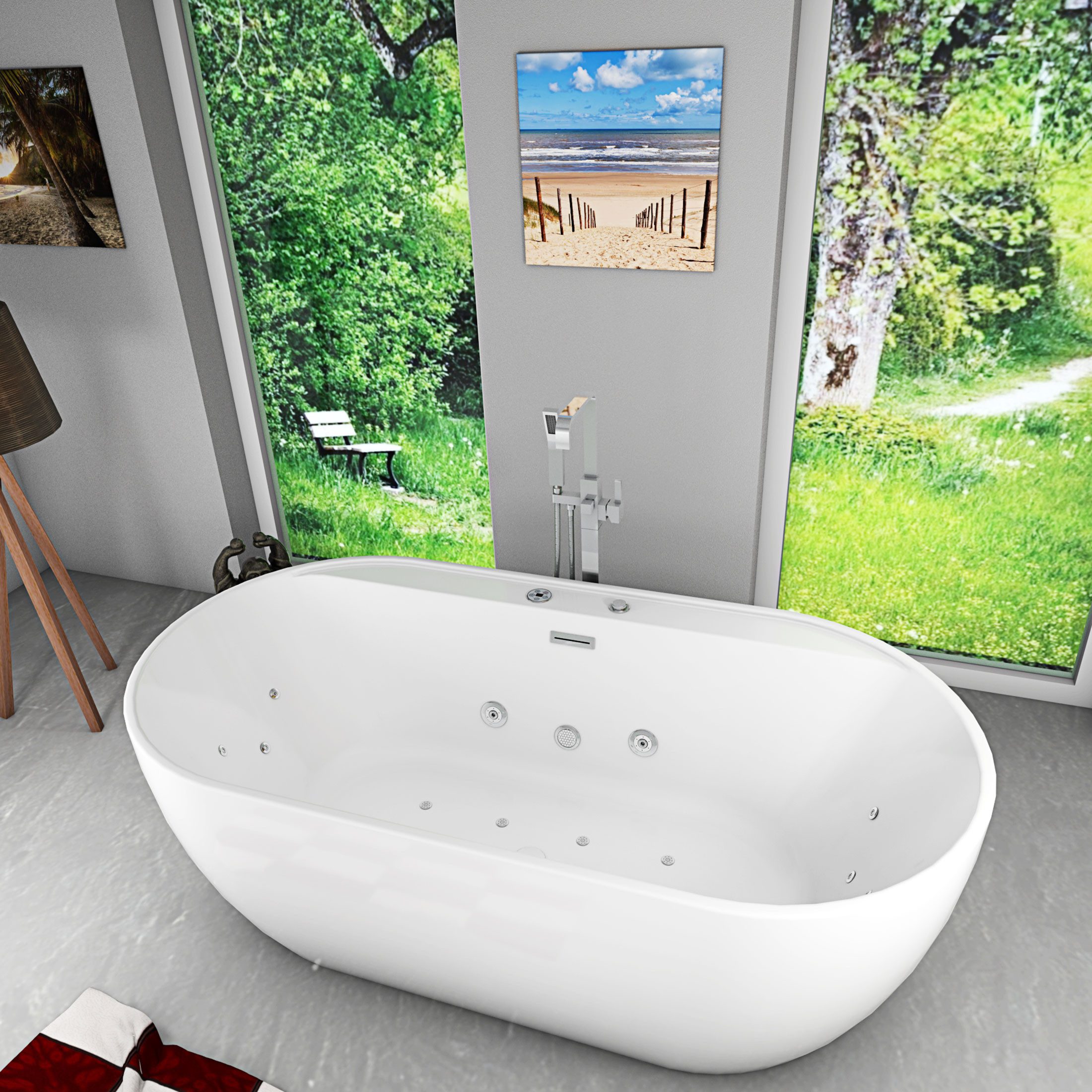 AcquaVapore Whirlpool-Badewanne Freistehende Wanne F29 180x90cm Whirlpool Luft & Wasser Armatur AF05, (1-tlg), mit Ablaufgarnitur