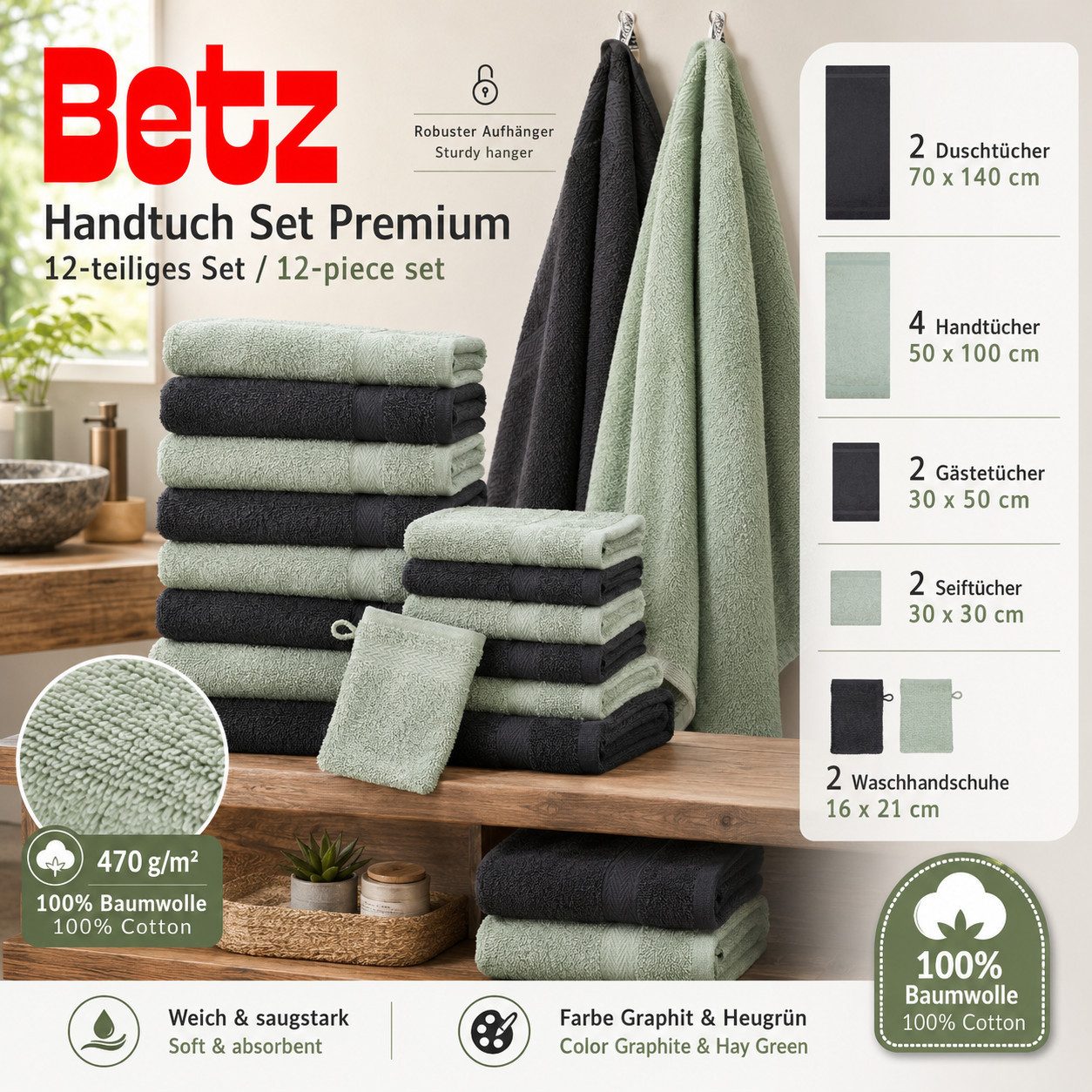 Betz Handtuch Set 12-tlg. Handtücher-Set Premium, 100% Baumwolle (Set, 12-St), 2 Duschtücher, 4 Handtücher, 2 Gästetücher, 2 Seiftücher, 2 WH