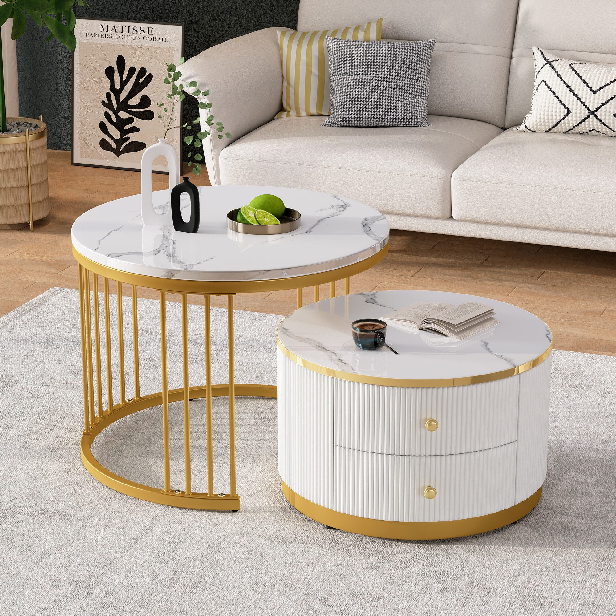 MODFU Couchtisch Couchtisch-Set in Nestform (Sofatisch, Wohnzimmertisch, 2-St., 60*60*45.5+50*50*32 cm), mit 2 Schubladen, hochglänzender Marmoroptik