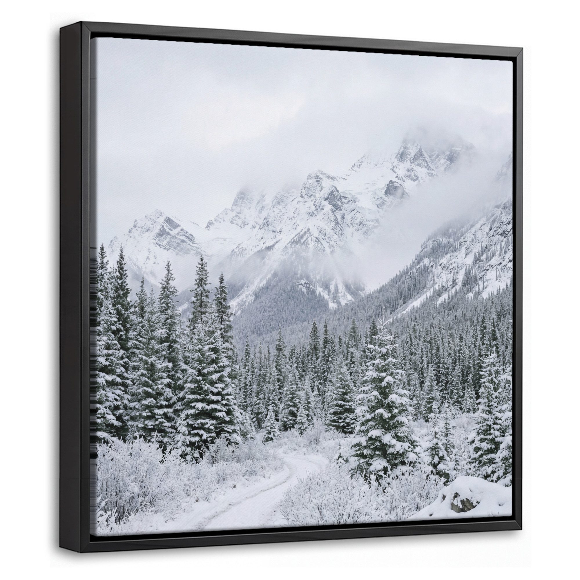 OneMillionCanvasses® Leinwandbild mit Rahmen - Straße - Berge - Schnee - Nadelwald - Abenteuerlich, Fotodruck (1 St), Leinwand Bilder Klein, Wand Dekoration Aesthetic 20x20cm
