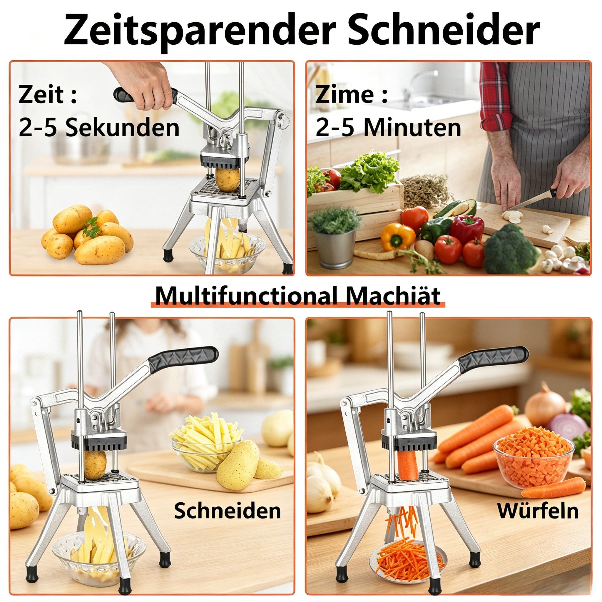 VINGLI Gemüseschneider Pommesschneider Kartoffelschneider 1/2", 3/8", 1/4" Wedge‑Messer, 4 Saugfüße inkl. 2 Expansionsschrauben – Bild 3 von 5
