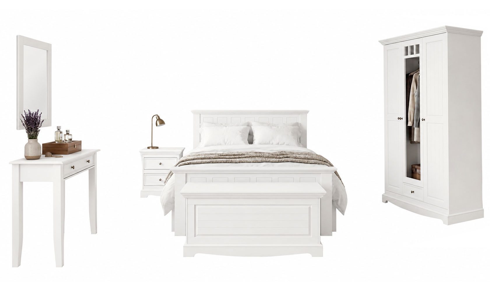 Feldmann-Wohnen Schlafzimmer-Set Belluno Elegante, (finnisches Kiefernholz, mit Schubladen, mit Türen, mit Spiegel, 7-tlg., 7-teiliges Schlafzimmer-Set, mit Schubladen, mit Türen, mit Spiegel), 7-teilig 90x200cm Massivholz Kiefer Weiß