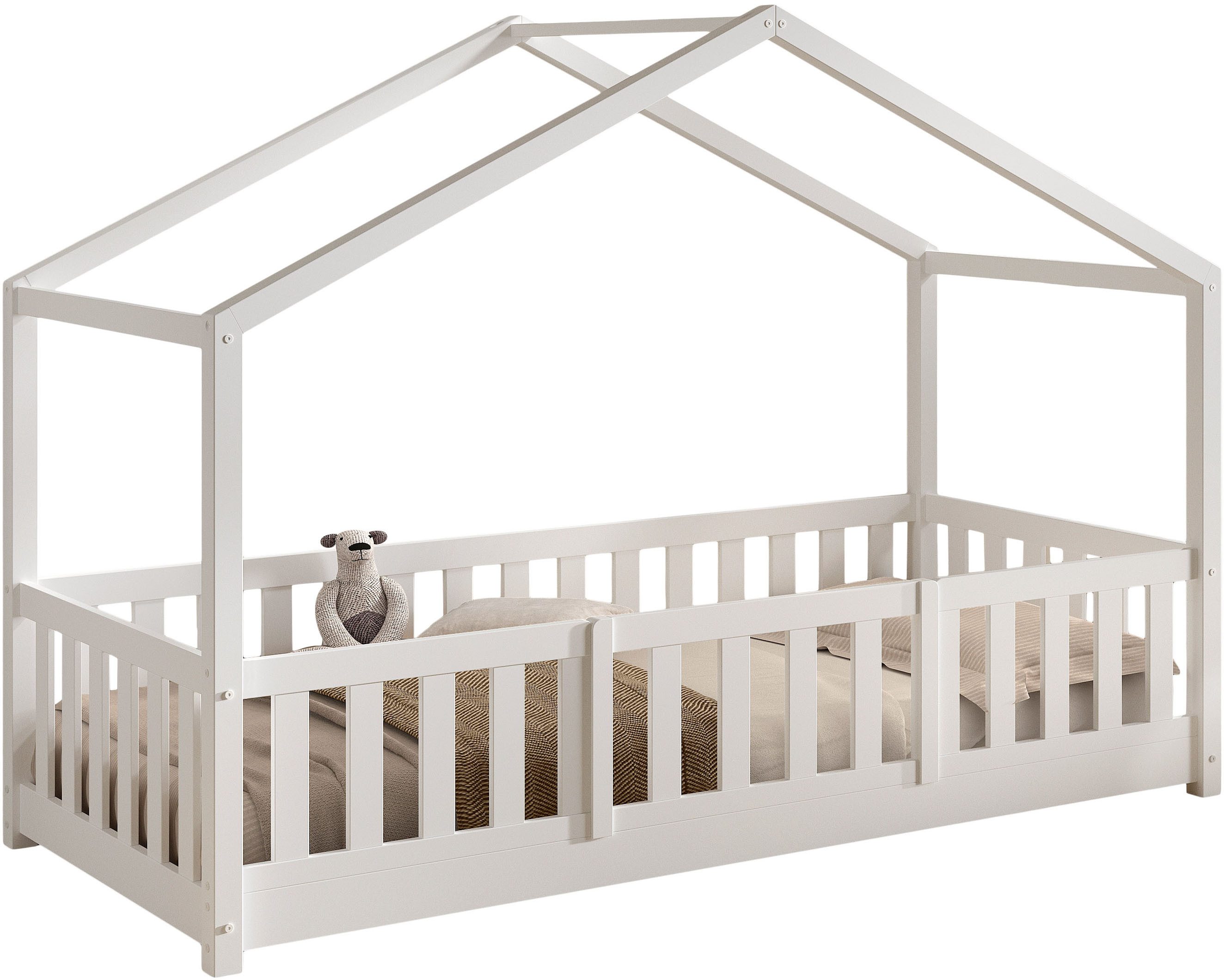 Vipack Hausbett Dallas, Massivholzbett mit Dachaufbau umbaubar vom Boden- zum Daybett (inkl. Lattenrost, Rausfallschutz, Sprossen, 90 oder 140x200 cm breit), stabil und standfest gebaut, wahlweise Kiefer massiv natur oder weiß