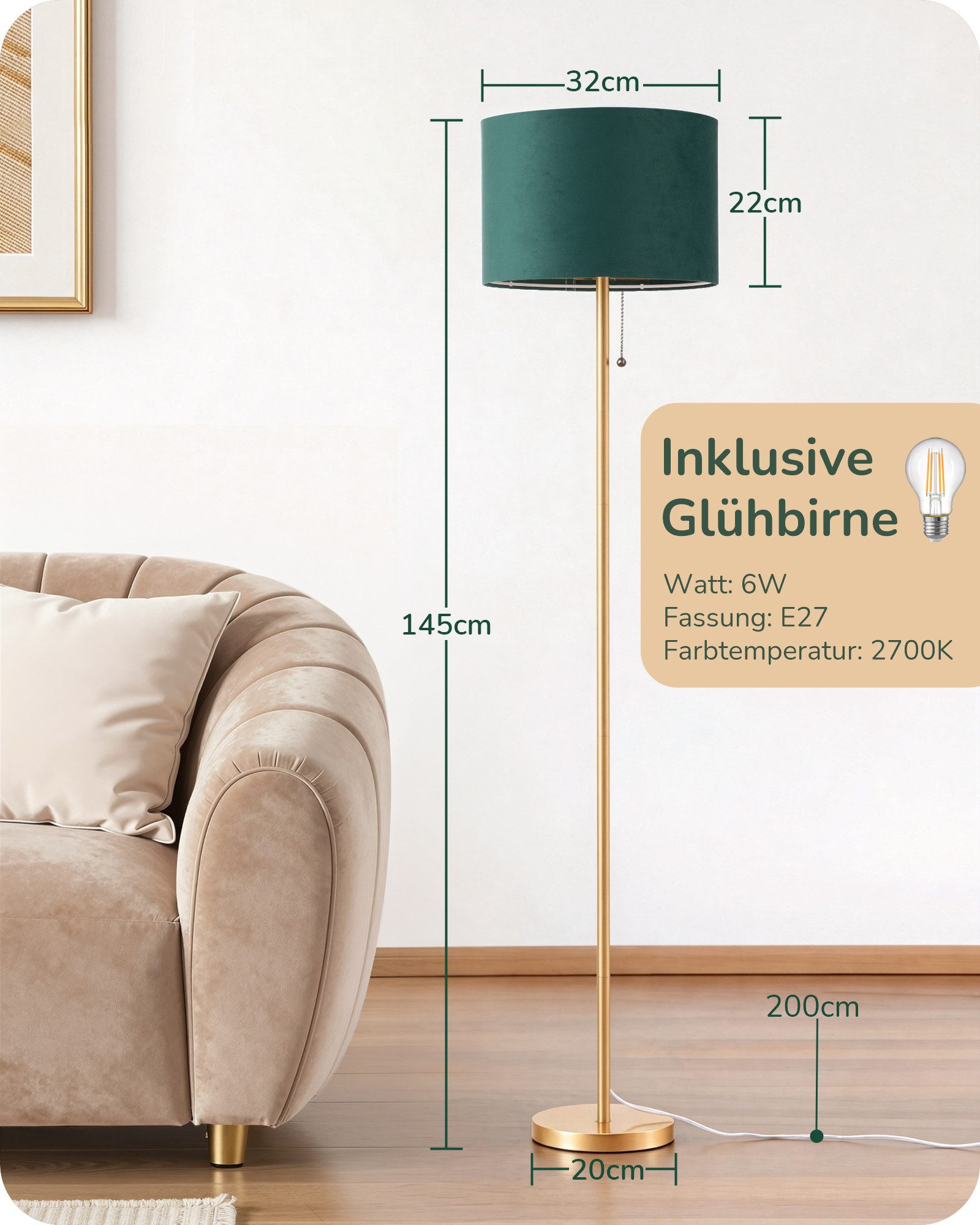 EDISHINE LED Stehlampe Wohnzimmer mit Zugschalter, LED wechselbar, warmweiß, Vintage Stehleuchte mit grünem Lampenschirm, Gold, 145cm – Bild 4 von 5