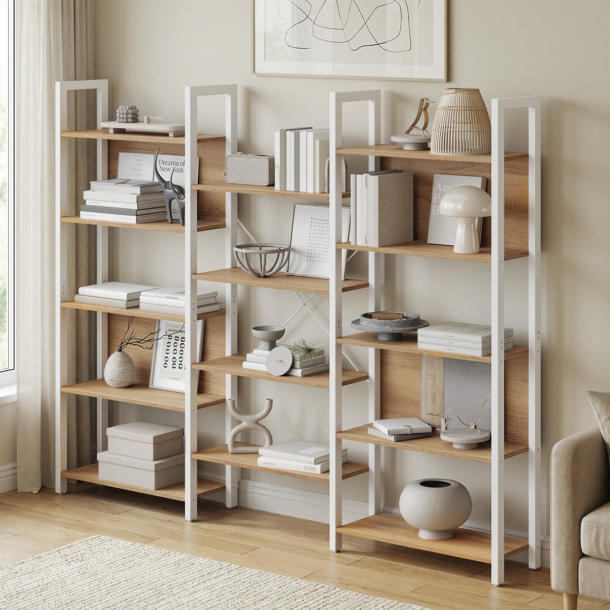 VASAGLE Bücherregal, mit 14 Ablagen, Regal mit Metallrahmen, für Wohnzimmer, Büro