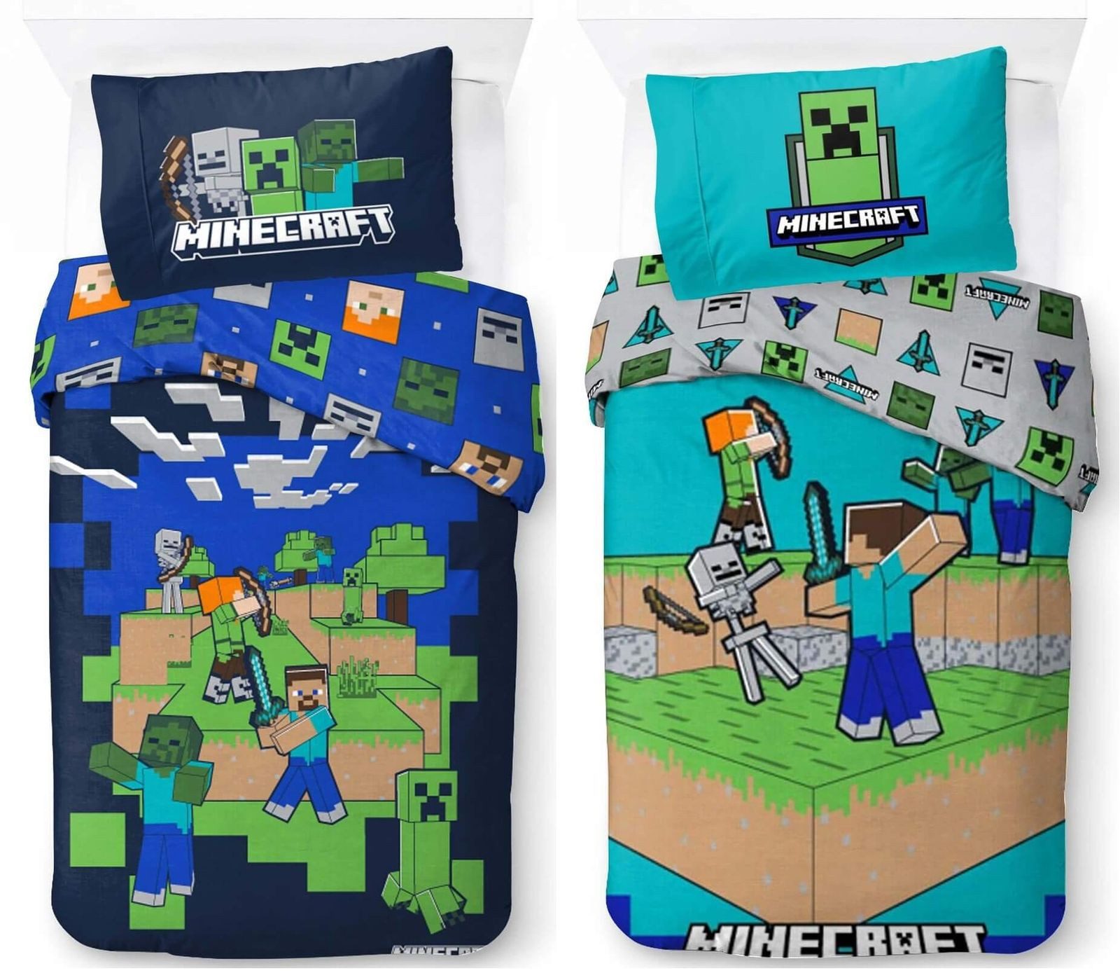 BrandMac Bettwäsche Minecraft - 2 x Wende-Bettwäsche-Set im Doppelpack, 135x200 & 80x80, Baumwolle, 100% Baumwolle