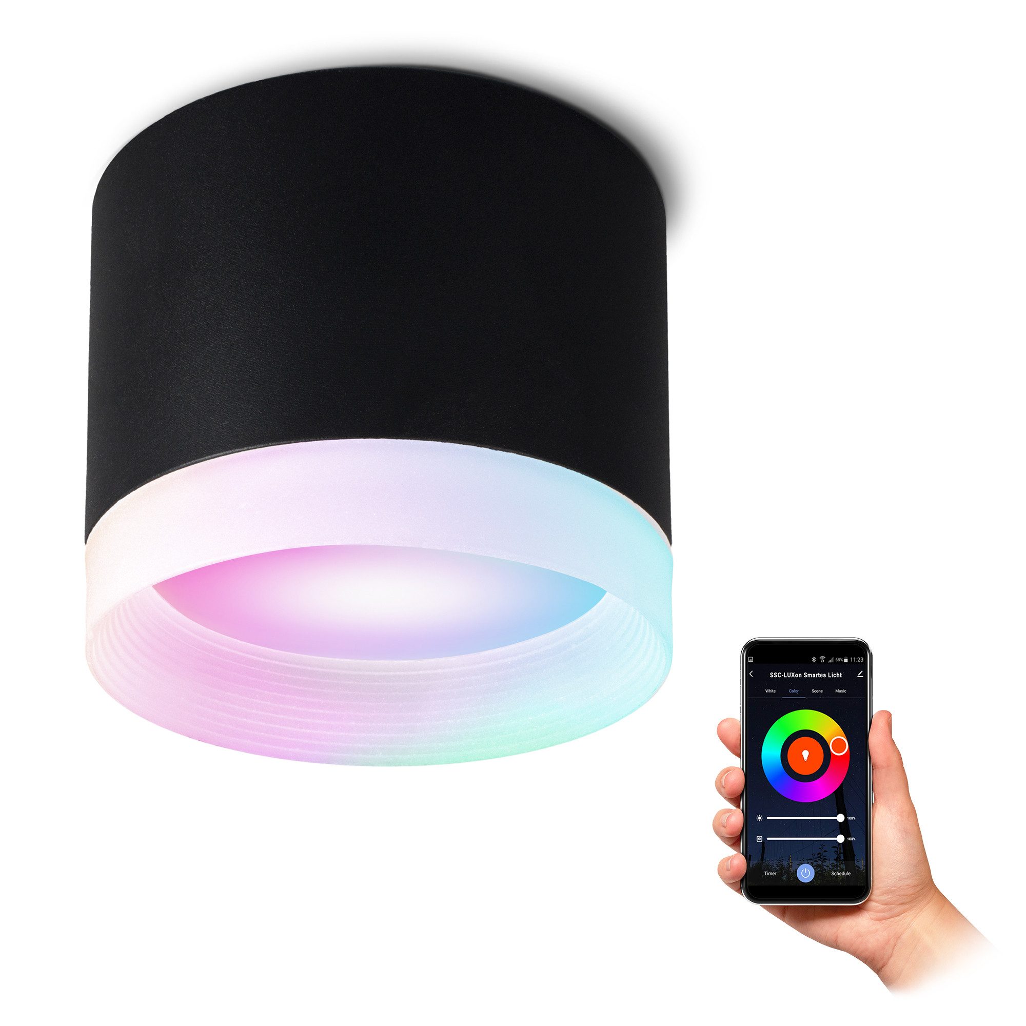 SSC-LUXon LED Aufbaustrahler VORA Deckenspot matt schwarz mit GX53 Smart LED RGB+W Wifi, Smart