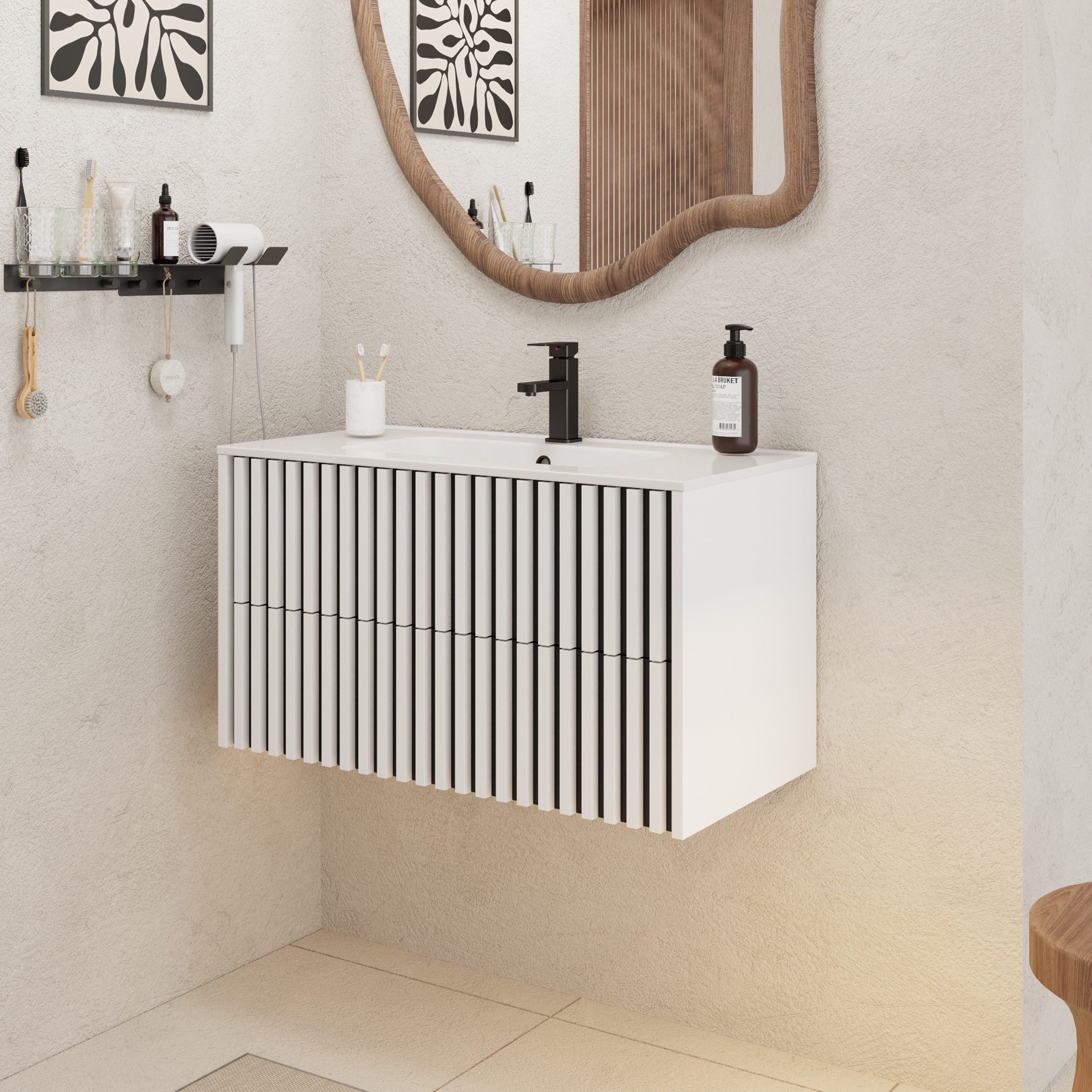 UEV Waschtisch Waschbecken mit Unterschrank set Badmöbel Gäste-WC (mit Wasserhahn und Pop-up-Ablassventil, Soft-close Schubladen,Waschbeckenunterschrank mit 2 Schubladen), Badezimmmer Schrank für Gäste WC, Komplett-Set Badmöbel