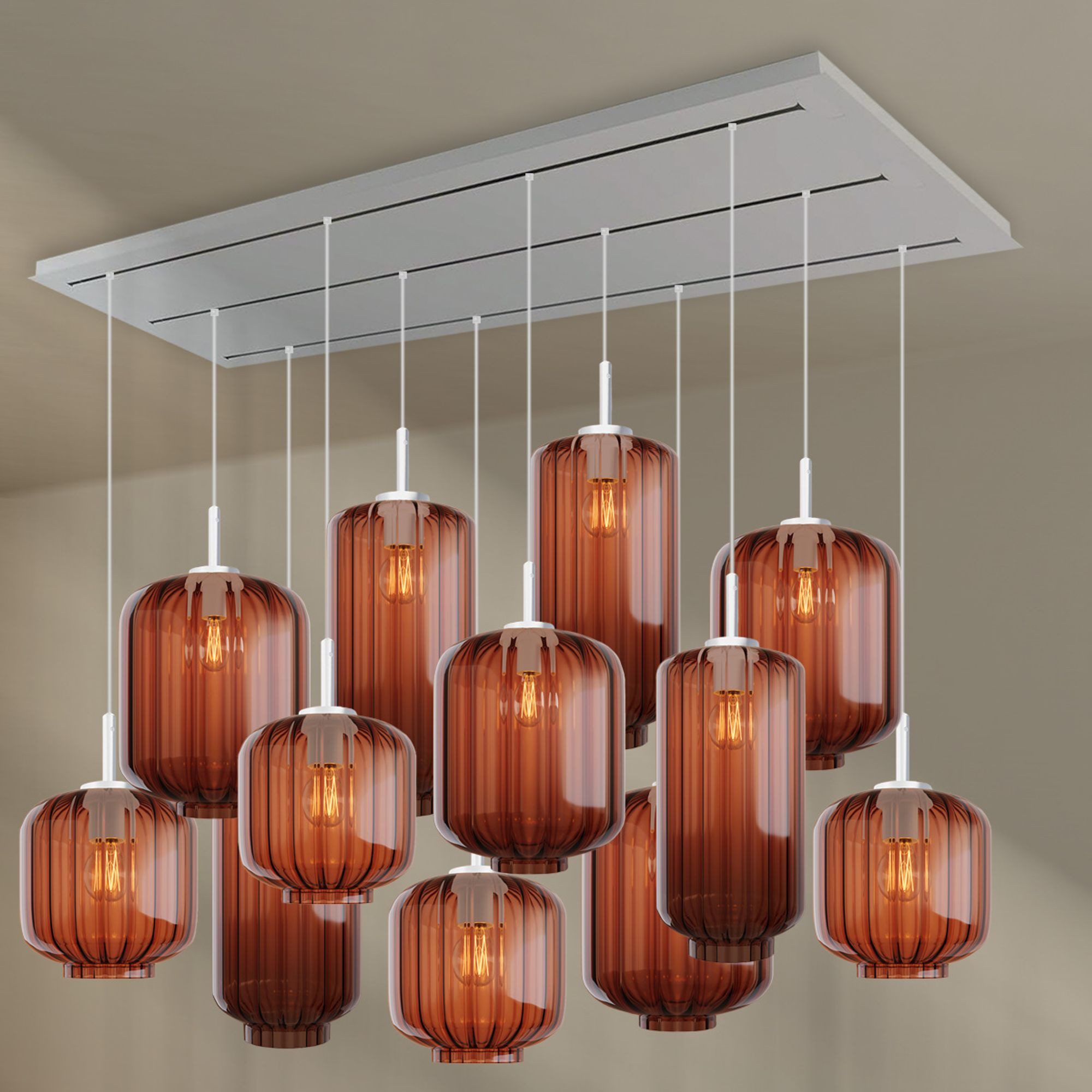 s.luce Pendelleuchte Velo Esszimmerlampe 12-flg 200cm 3-reih Ø18/20/25cm Braun