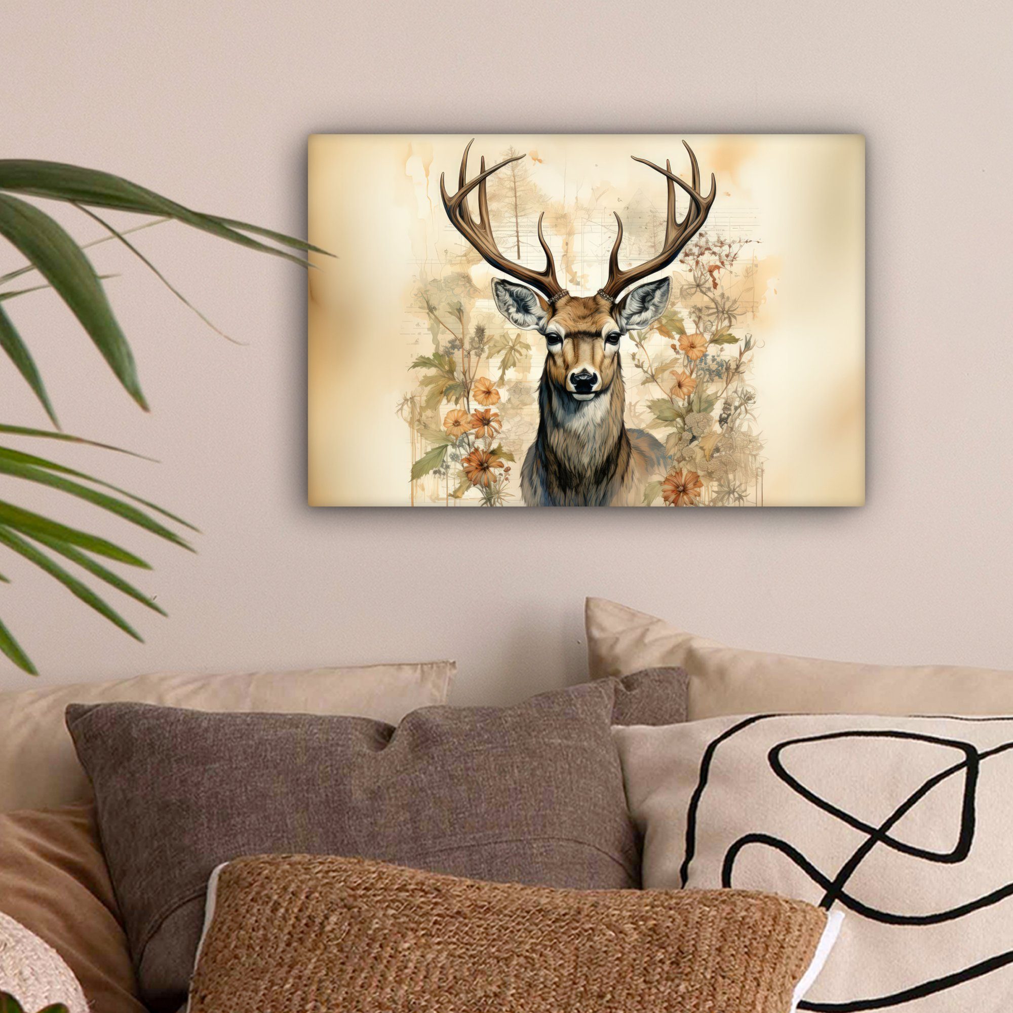OneMillionCanvasses® Leinwandbild Vintage - Hirsch - Rotwild - Blumen - Bei günstig online kaufen