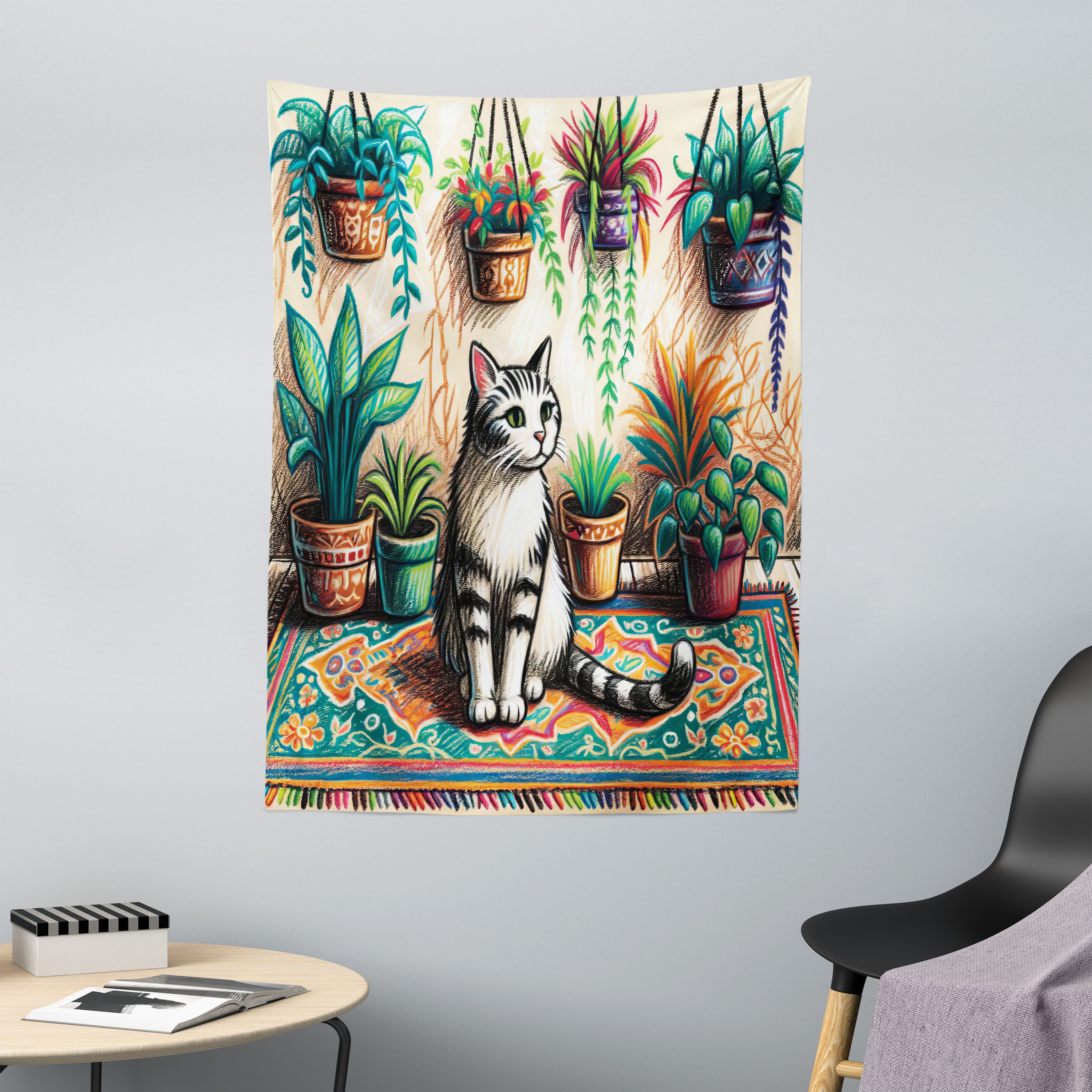 Wandteppich aus Weiches Mikrofaser Stoff Für das Wohn und Schlafzimmer, Abakuhaus, rechteckig, Katze Gemäldeartiges Kätzchen mit Pflanzen
