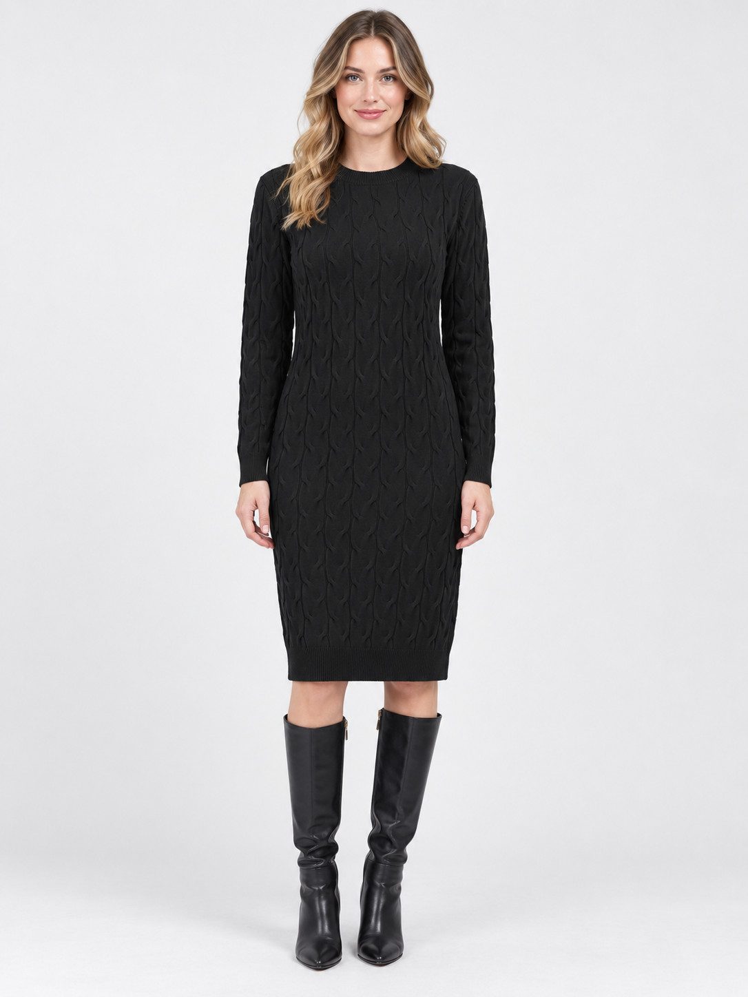 Passioni Strickkleid Knielang mit Zopfmuster