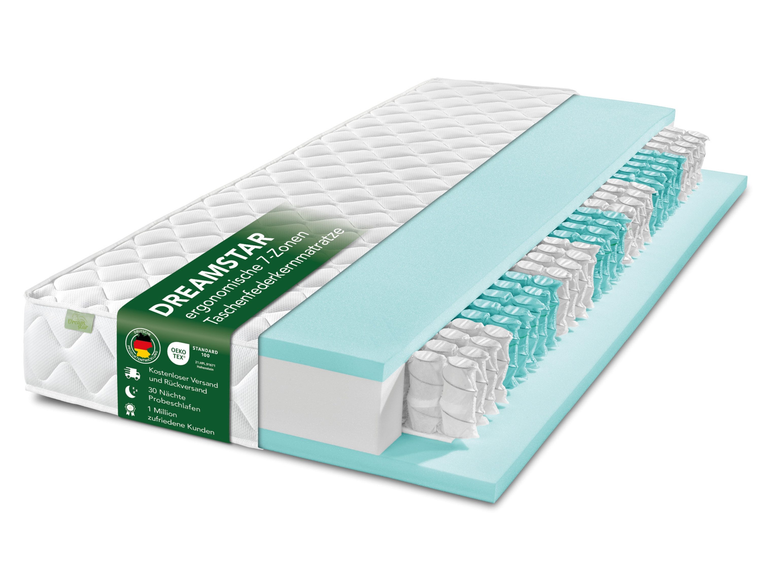 Taschenfederkernmatratze Ergo Flex, 7-Zonen Federkernmatratze, ergonomische Wendematratze H2/H3, Dreamstar, 17 cm hoch, punktelastisch, anpassungsfähig, atmungsaktiv (Höhe 17 cm und 22 cm)
