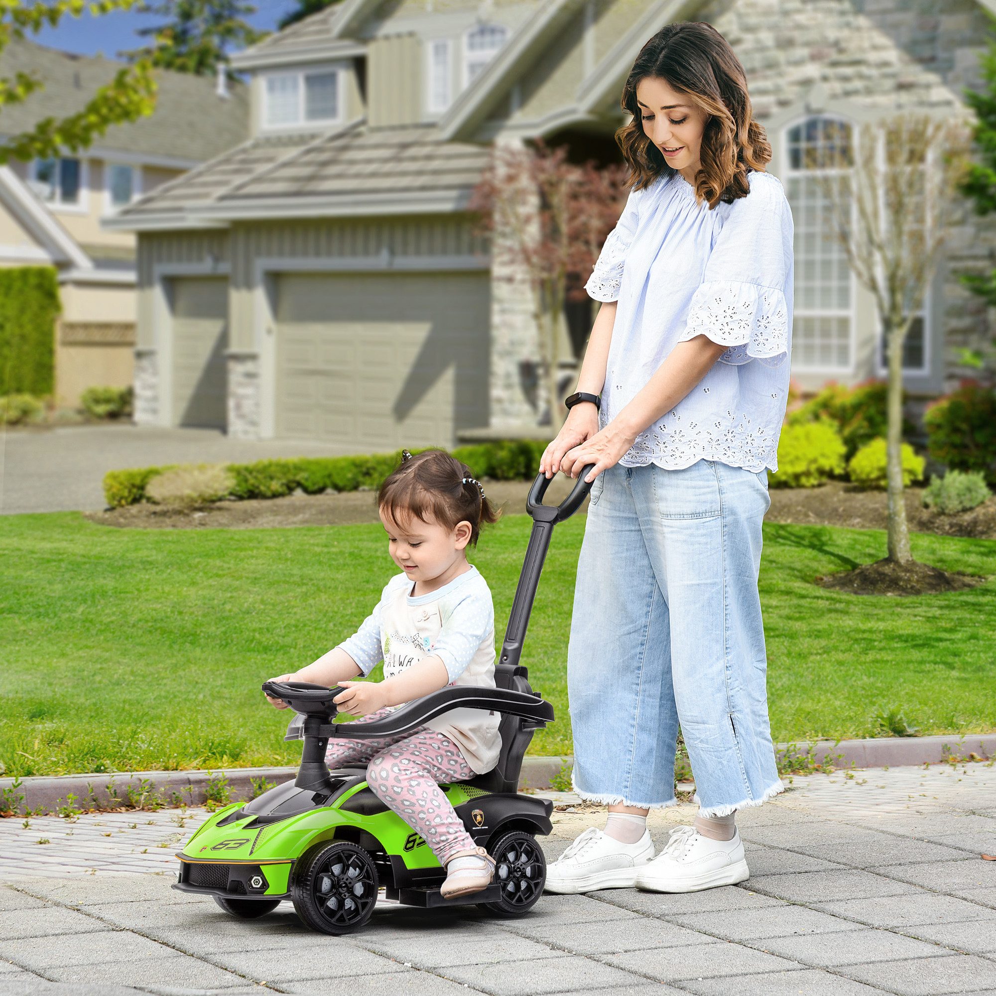 AIYAPLAY Rutscher Rutschauto mit Schiebstange Lenkrad Hupe Fußstütze Sitzstauraum, (Set, 1-tlg., 2-in-1), für Kinder 1-3 Jahre Grün – Bild 2 von 5