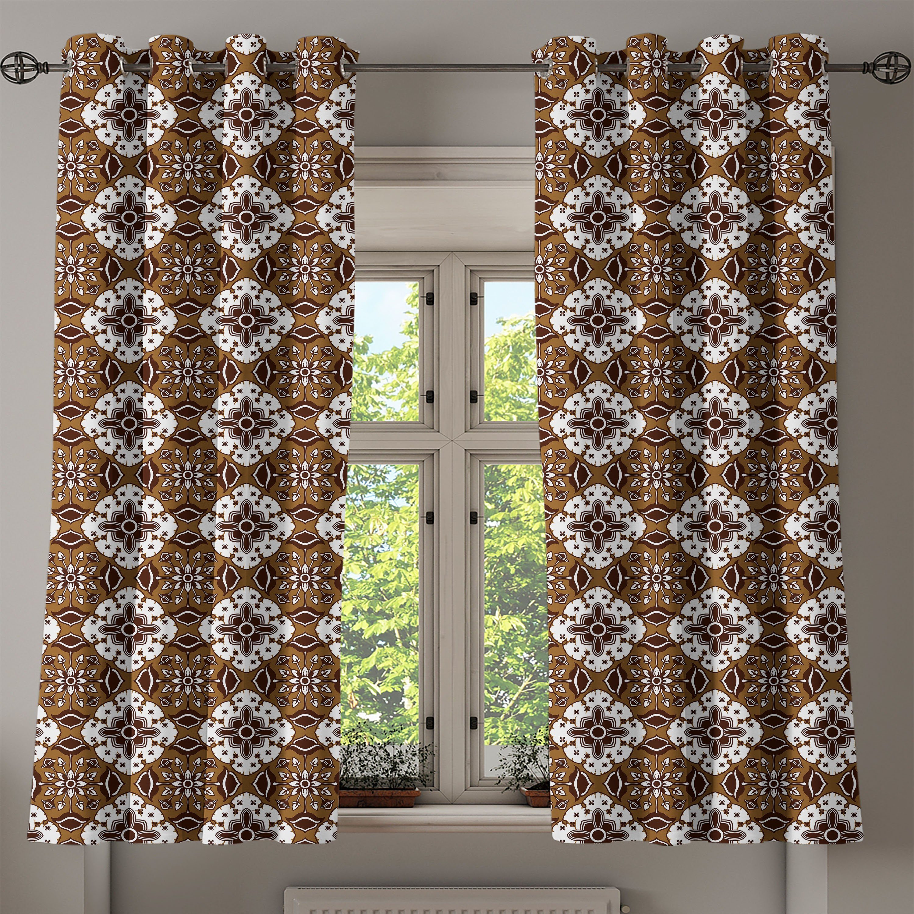 2-Panel-Fenstervorhänge Schokolade Gardine Wohnzimmer, Schlafzimmer Dekorative Abakuhaus, Batik-Blumenmuster für