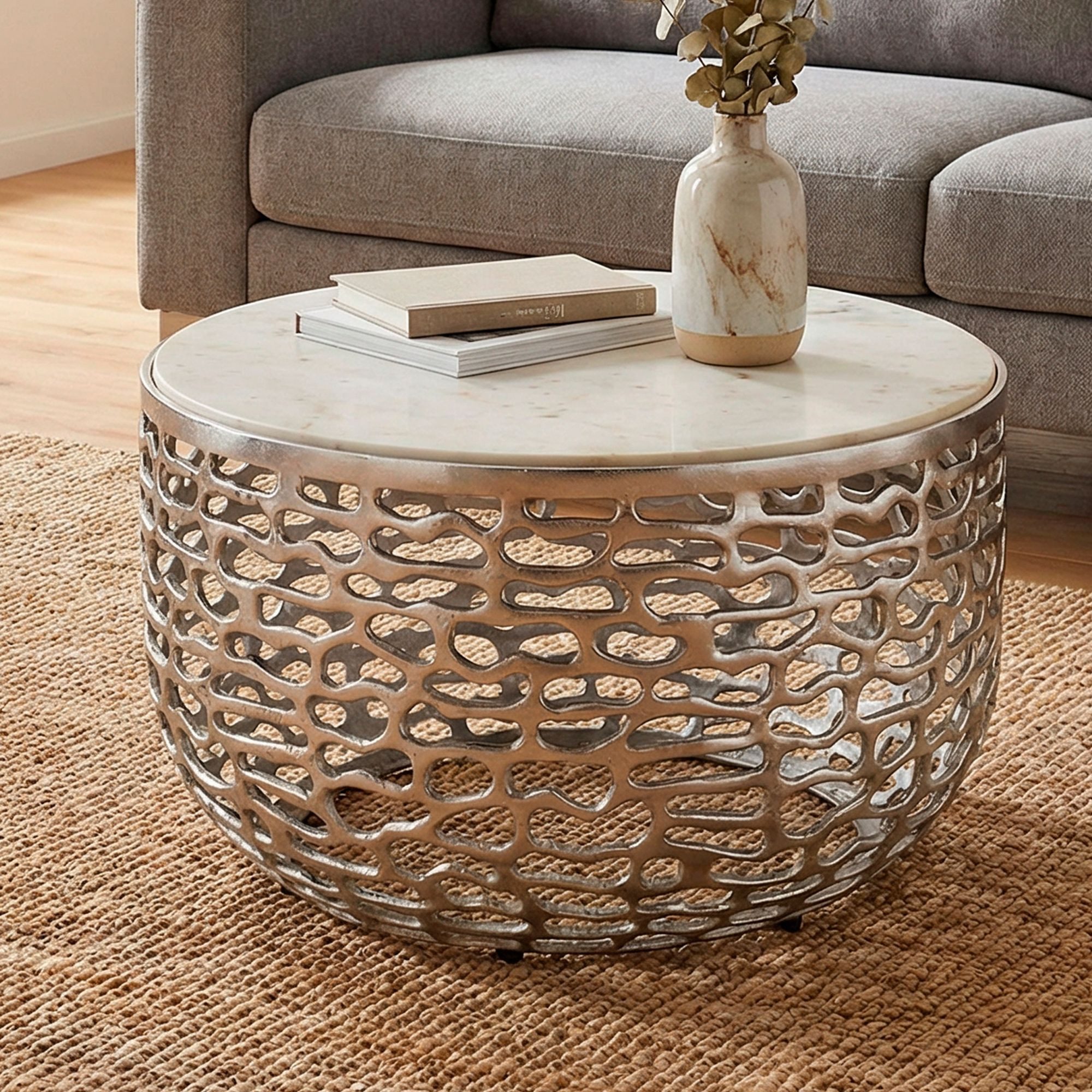 FINEBUY Couchtisch FB77384 Sofatisch Marmor Wohnzimmertisch 60cm rund Silber Handmade (Elegantes Design mit edlem Naturstein), Stilvoller Mittelpunkt im Wohnzimmer